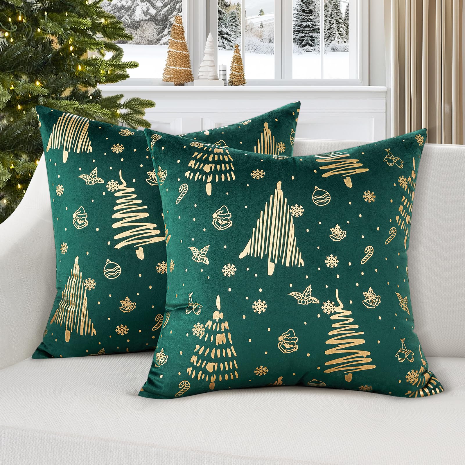 Topfinel Christmas Green Pillow Covers 18x18 with Gold Brozing, Pack of 2 Green Xmas Decoration Soft Fluffy Velvet Pillowcases for Couch Sofa Bedroom Christmas Winter Indoor Home Decor