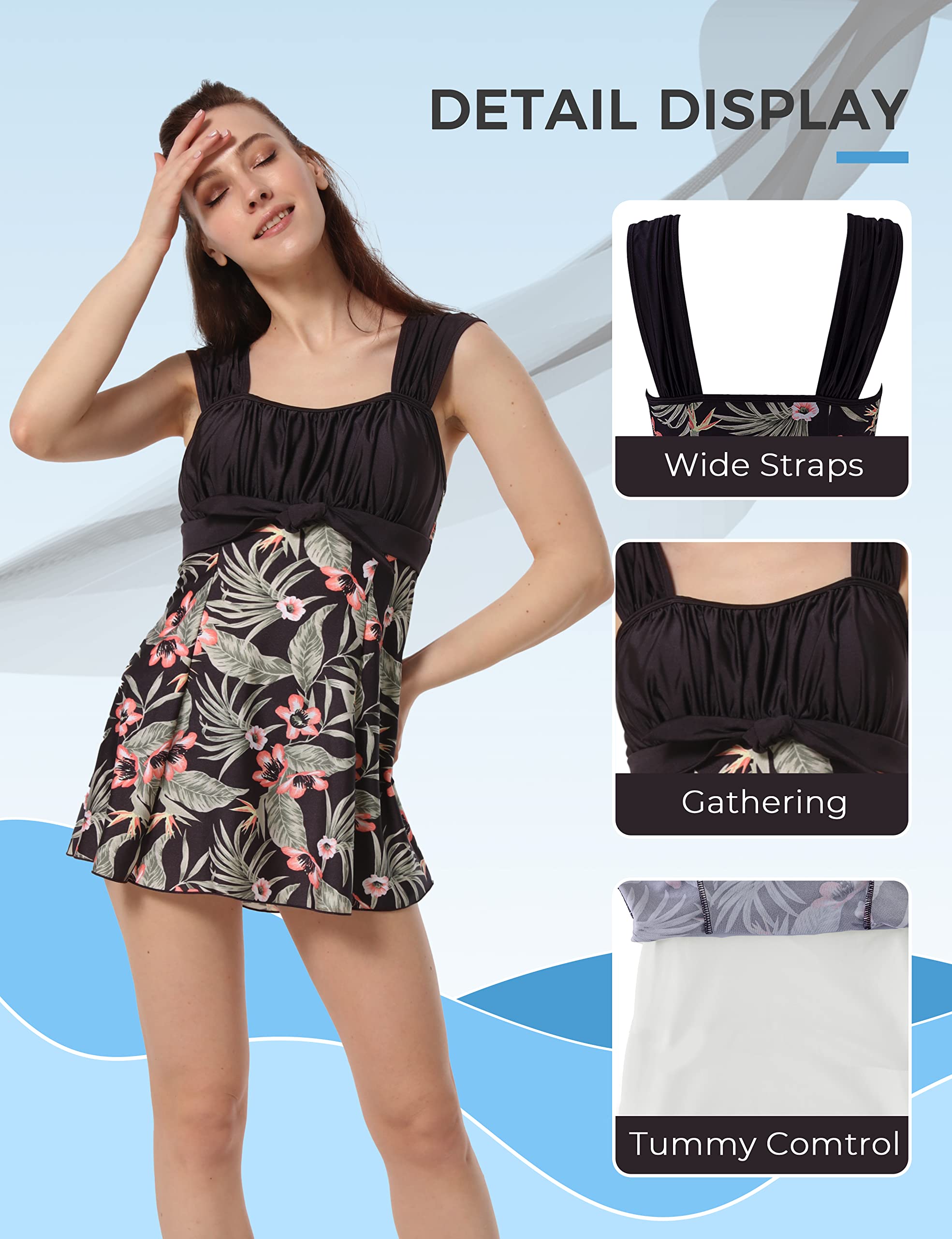 Wantdo Costume da Bagno Plus Size a Vita Alta Costume Intero con Gonna Estate Elegante Vestito Floreale Donna per Mare e Spiaggia 1 Pezzo