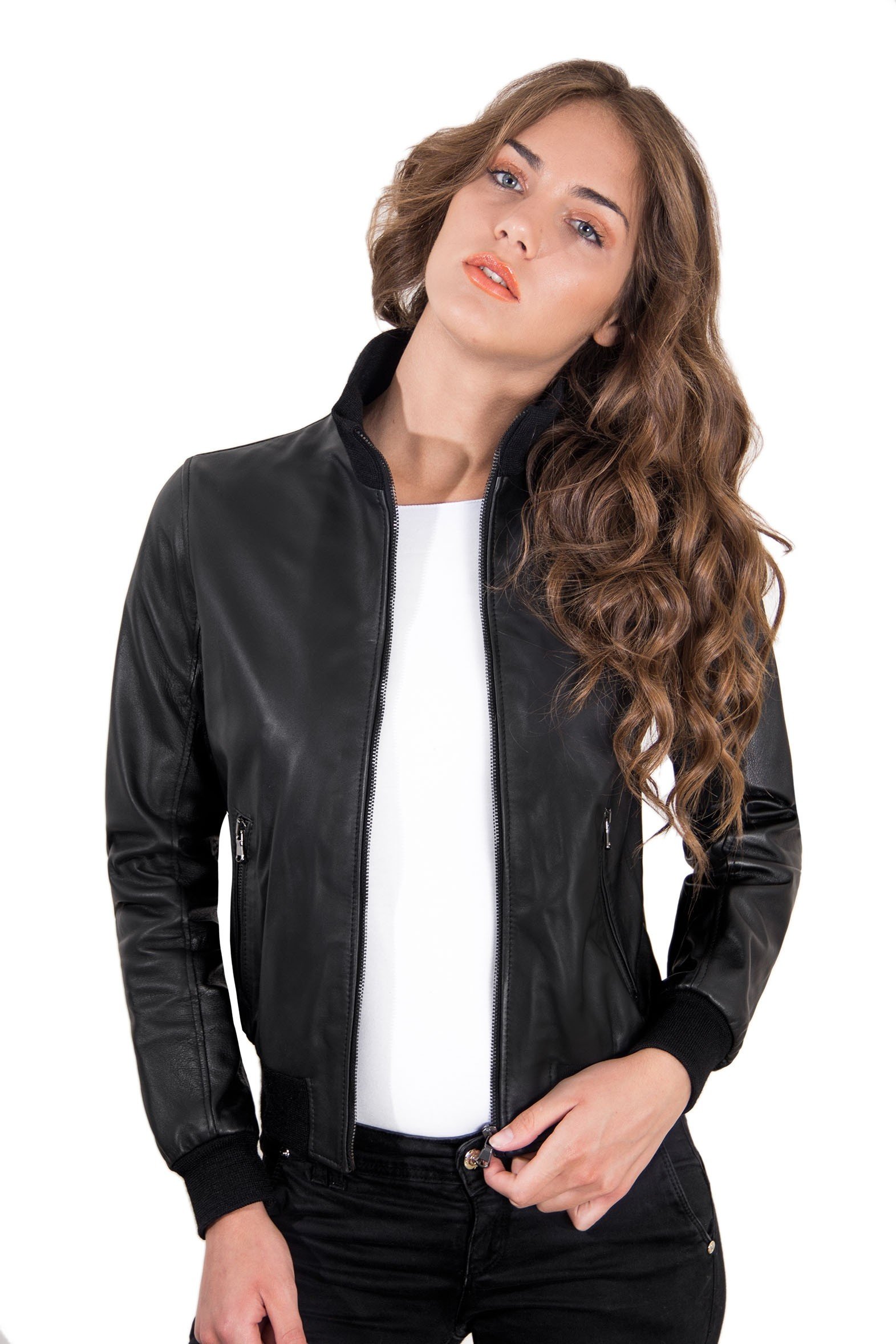 D'Arienzo Bomber in Pelle Blu Donna Giacca Primaverile Giubbotto Moto Vera Pelle Made in Italy G154