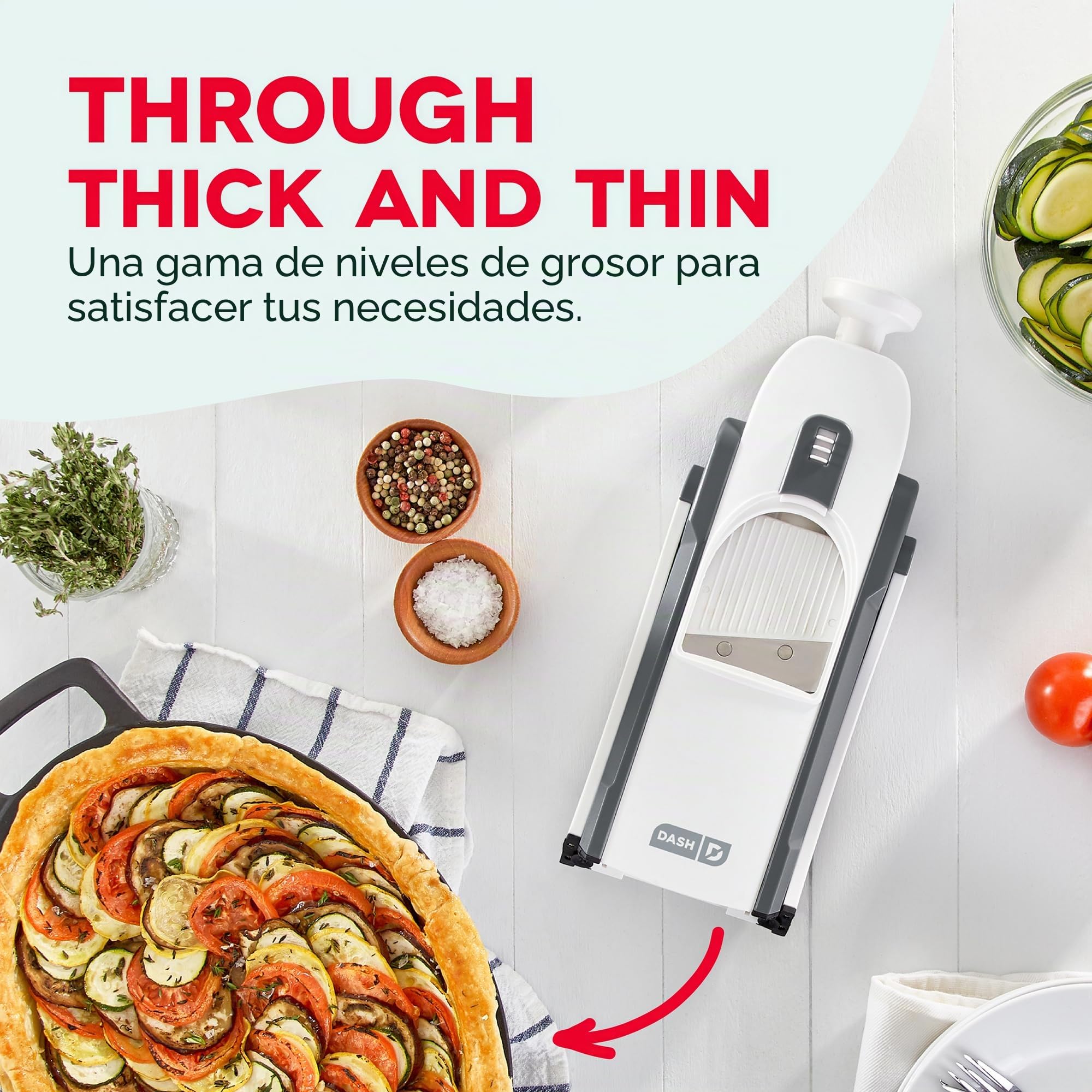 DASH Cortador de mandolina Safe Slice, Juliana + Dados para Verduras, preparación de Comidas y más con más de 30 ajustes preestablecidos y ajustador de Grosor, Plástico, Gris