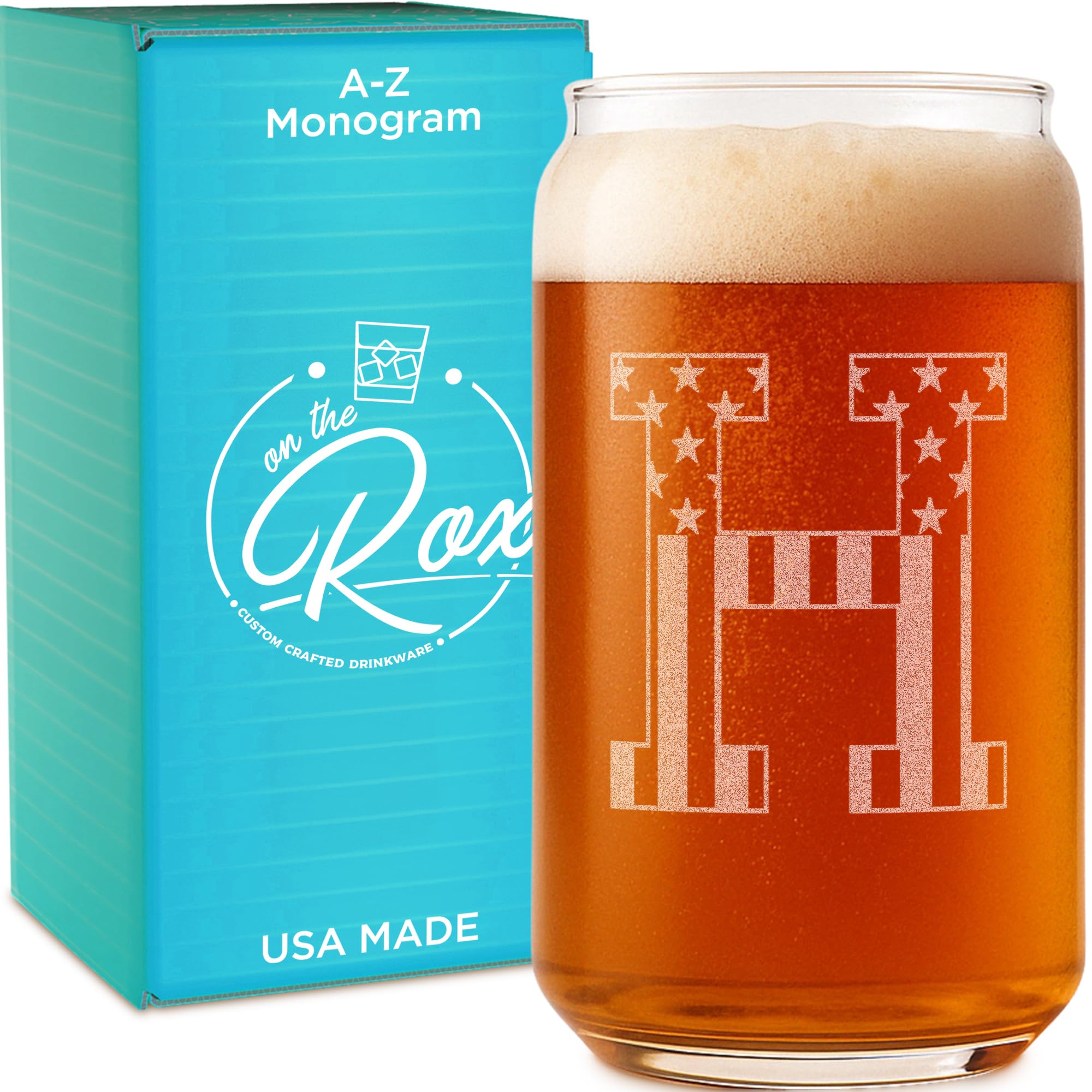 On The Rox Monogram Beer Glasses for Men (A-Z) 16 oz - Personalized Engraved Beer Gifts for Him - Groomsmen Gifts Brother in Law Dad Son Coworker - Unique USA Made Dishwasher Safe Pint Glass (H)