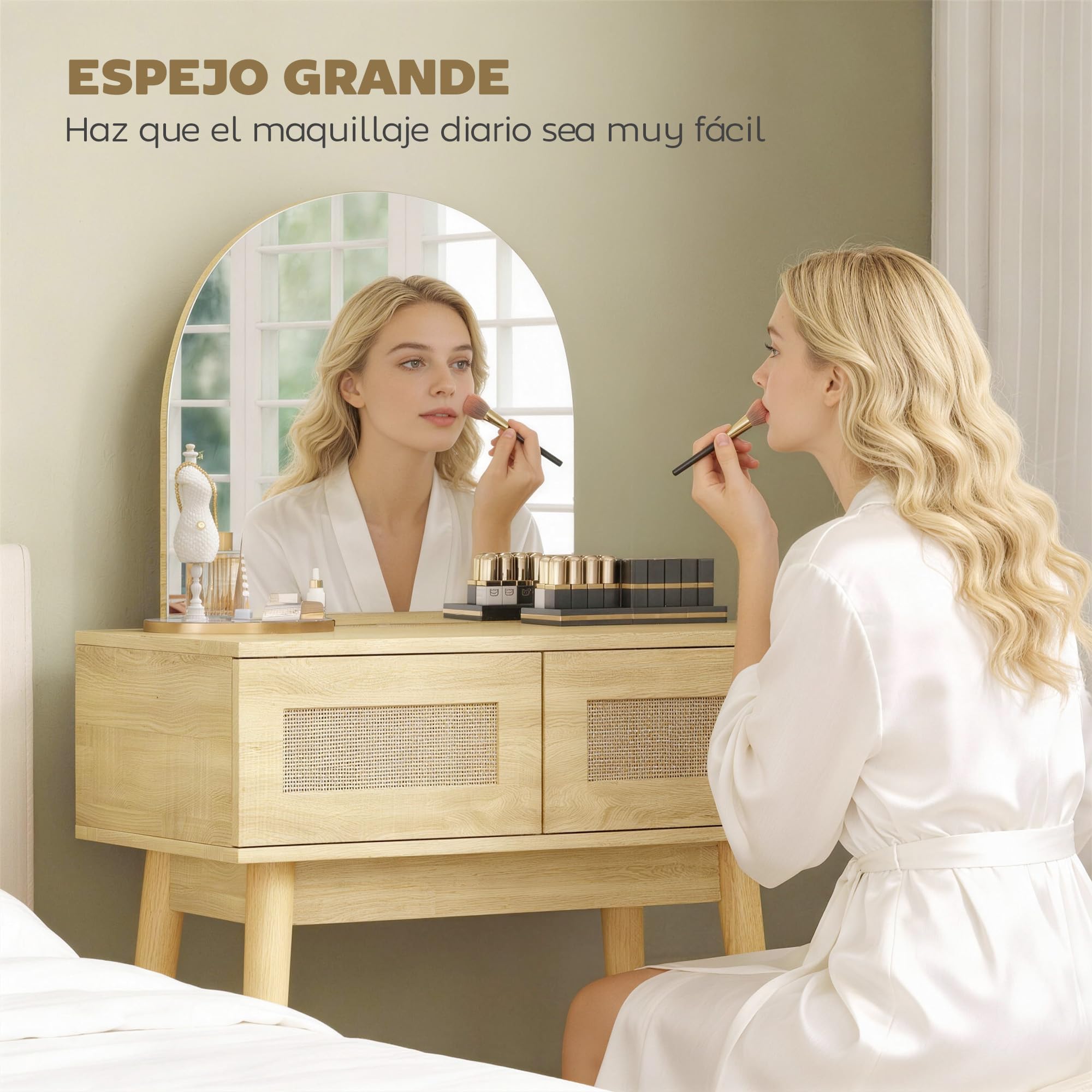 HOMCOM Tocador con Espejo Arqueado, Mesa de Maquillaje Moderna con 2 Cajones con Frontal de Ratán, Tocador de Maquillaje para Dormitorio, Espacios Pequeños, Natural