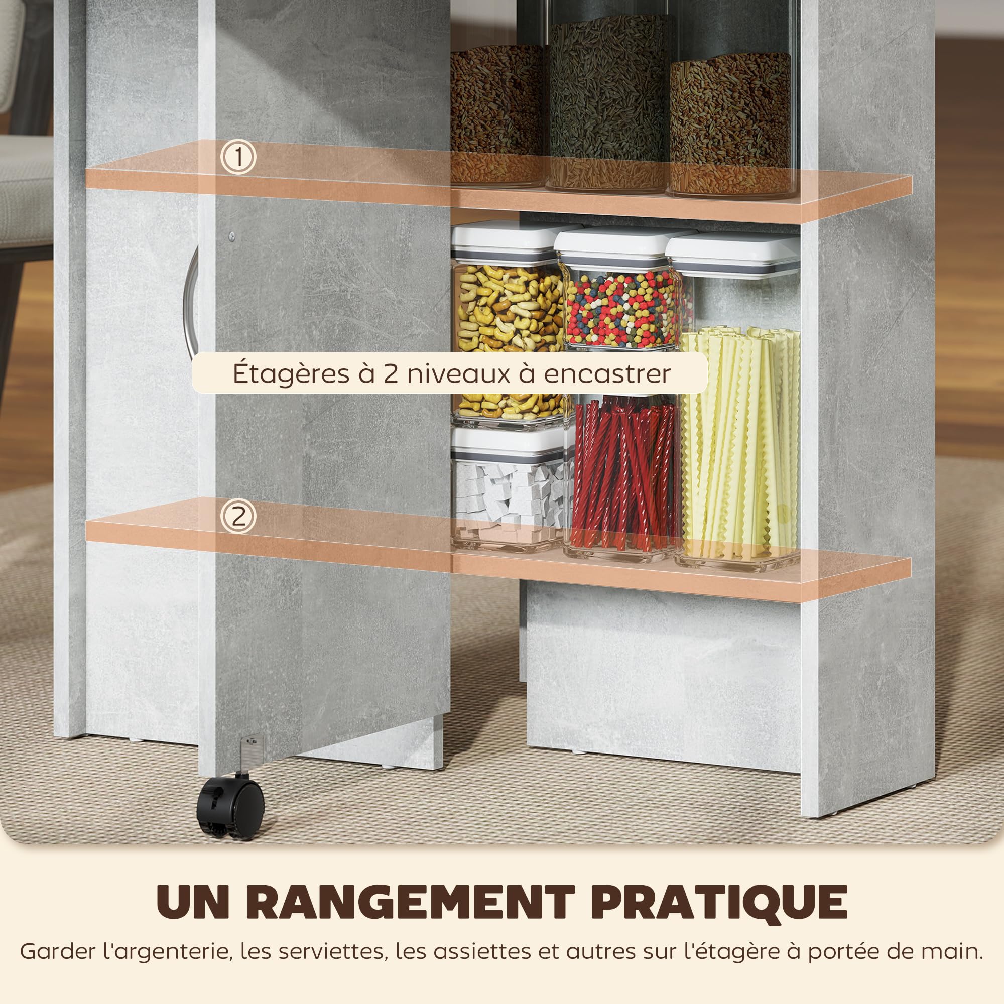 Homcom – Table pliante de cuisine 140L x 75l x 74H cm – Amovible sur roulettes – 2 étagères intégrées – Panneaux noir aspect chêne clair