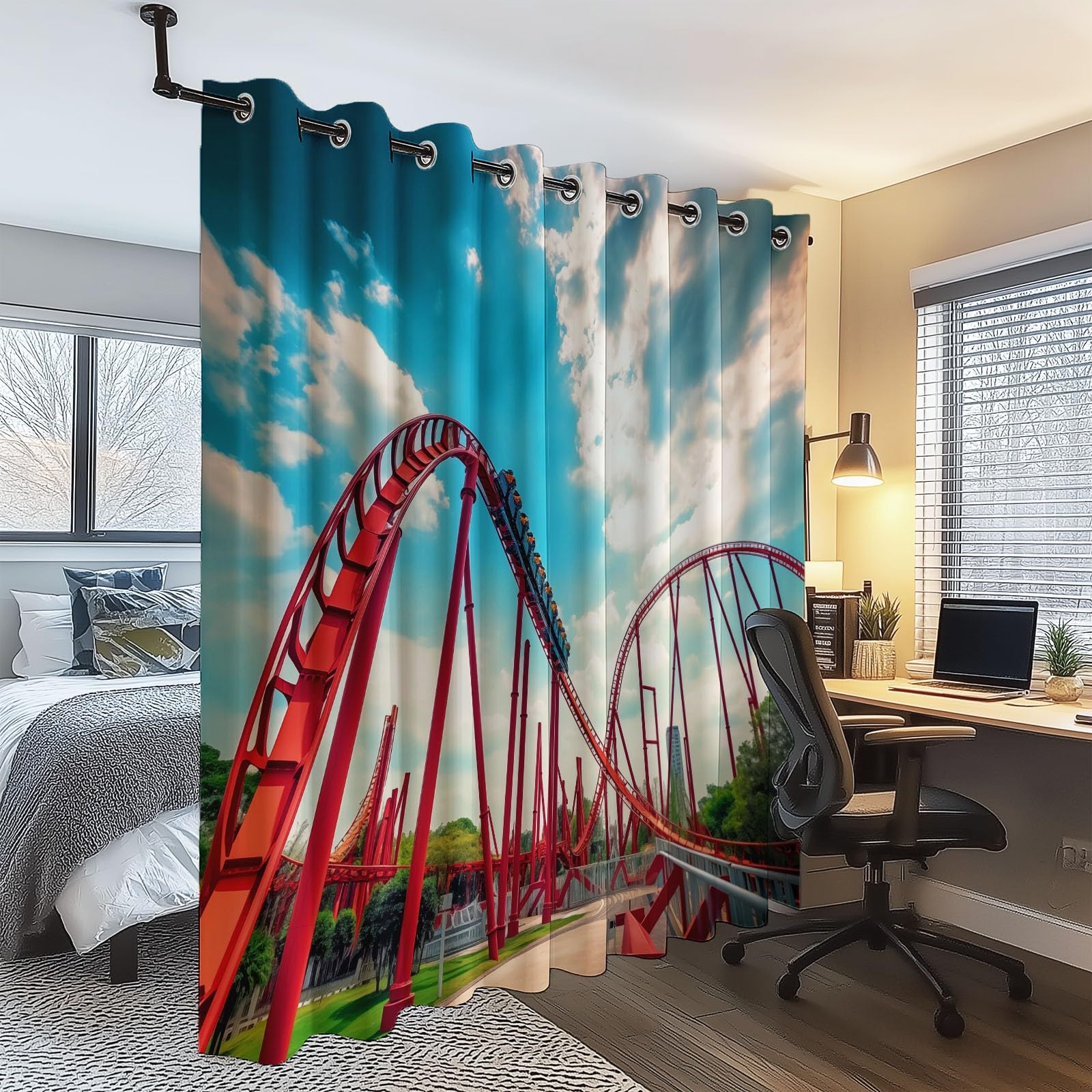 Cortinas Dormitorio Opacas, Parque De Atracciones Termicas Aislantes Frio y Calor Cortinas Salon, Cortinas Estampadas Montaña Rusa con Ojales 140 x 245 cm (2 Paneles)