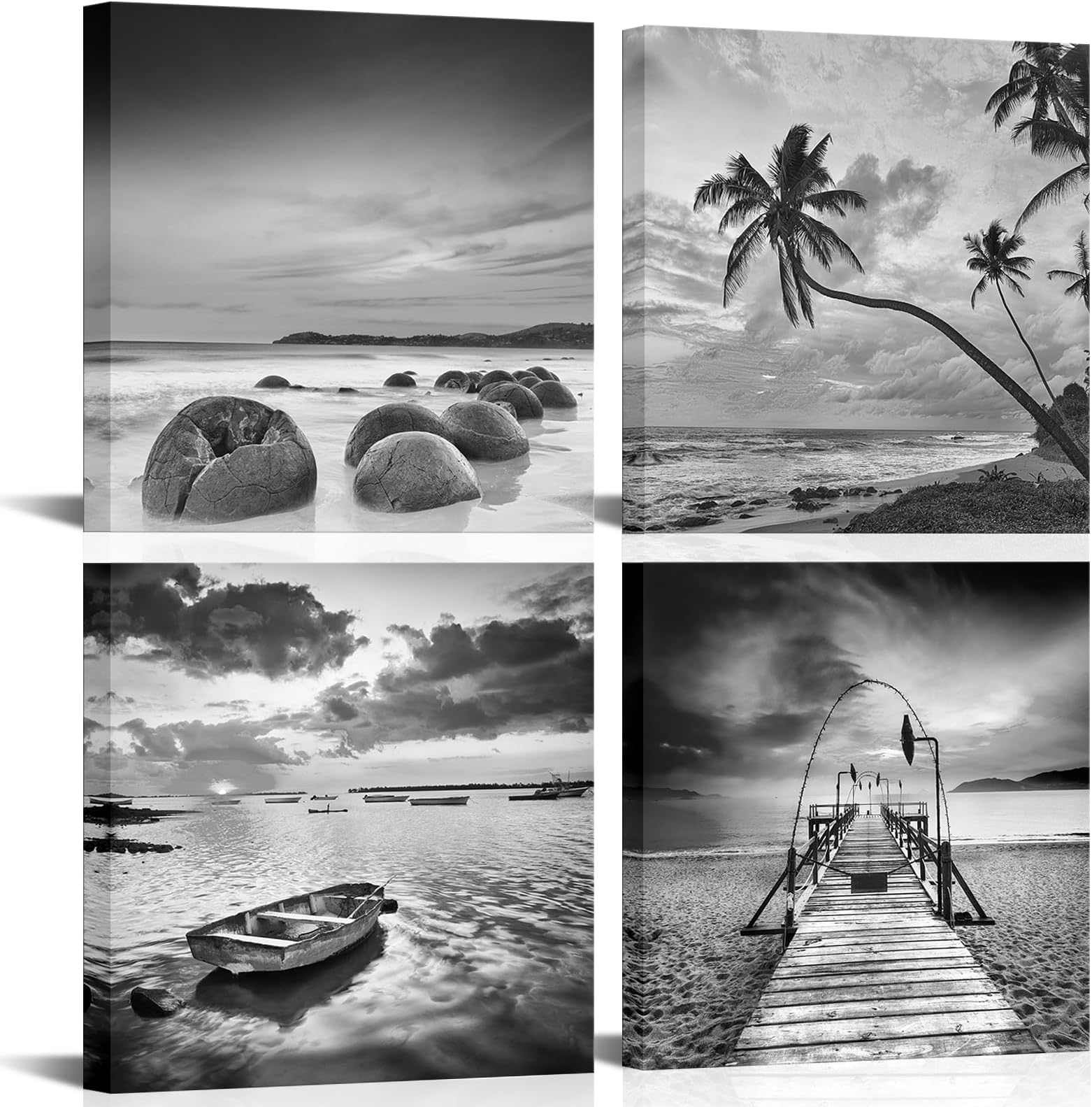 4 Pieces Stunning Black and White Beach Canvas Art Elegant Seascape Wall Decor Modern Minimalist Ocean View Picture Giclee Canvas Print Framed Arts for Living Room Bedroom Bathroom Home