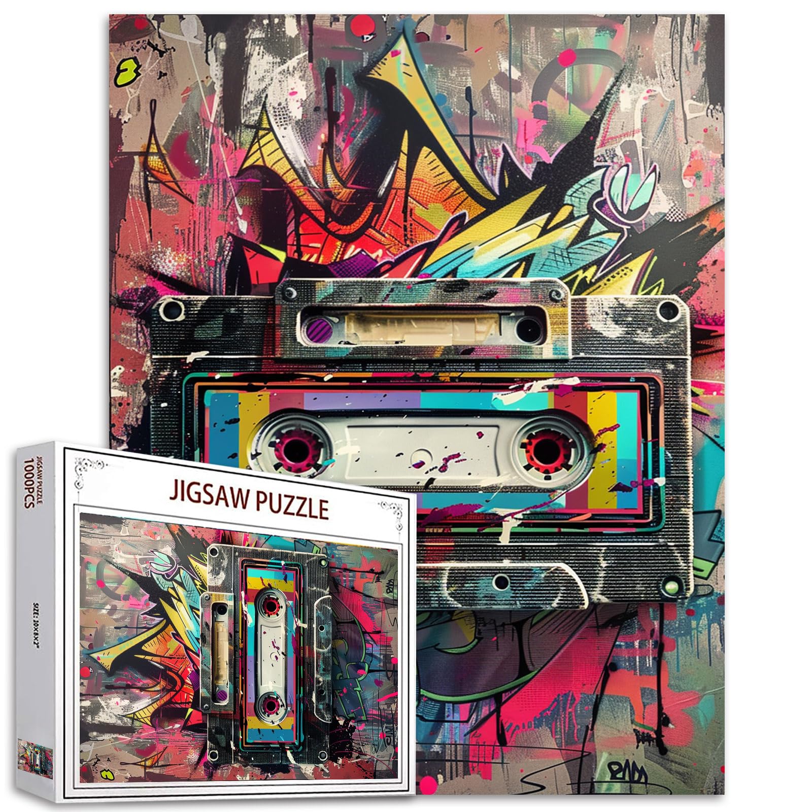 Graffiti Retro Cassette Tape Jigsaw Puzzles for Adults 1000 Pieces,Music Lover Street Jigsaw Puzzle Art 20 x 27 Inches Colorful DIY Puzzles for Home Decoration,Family Puzzle Perfect for Game Nights