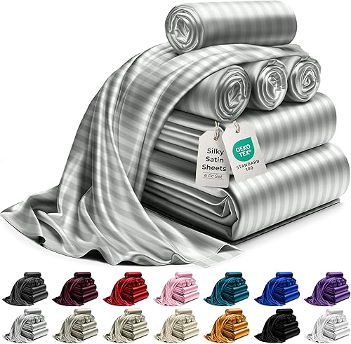 DECOLURE Juego de sábanas de satén a rayas King de 6 piezas, cómodas sábanas de satén de lujo con sensación de seda, elegantes, sedosas, suaves,