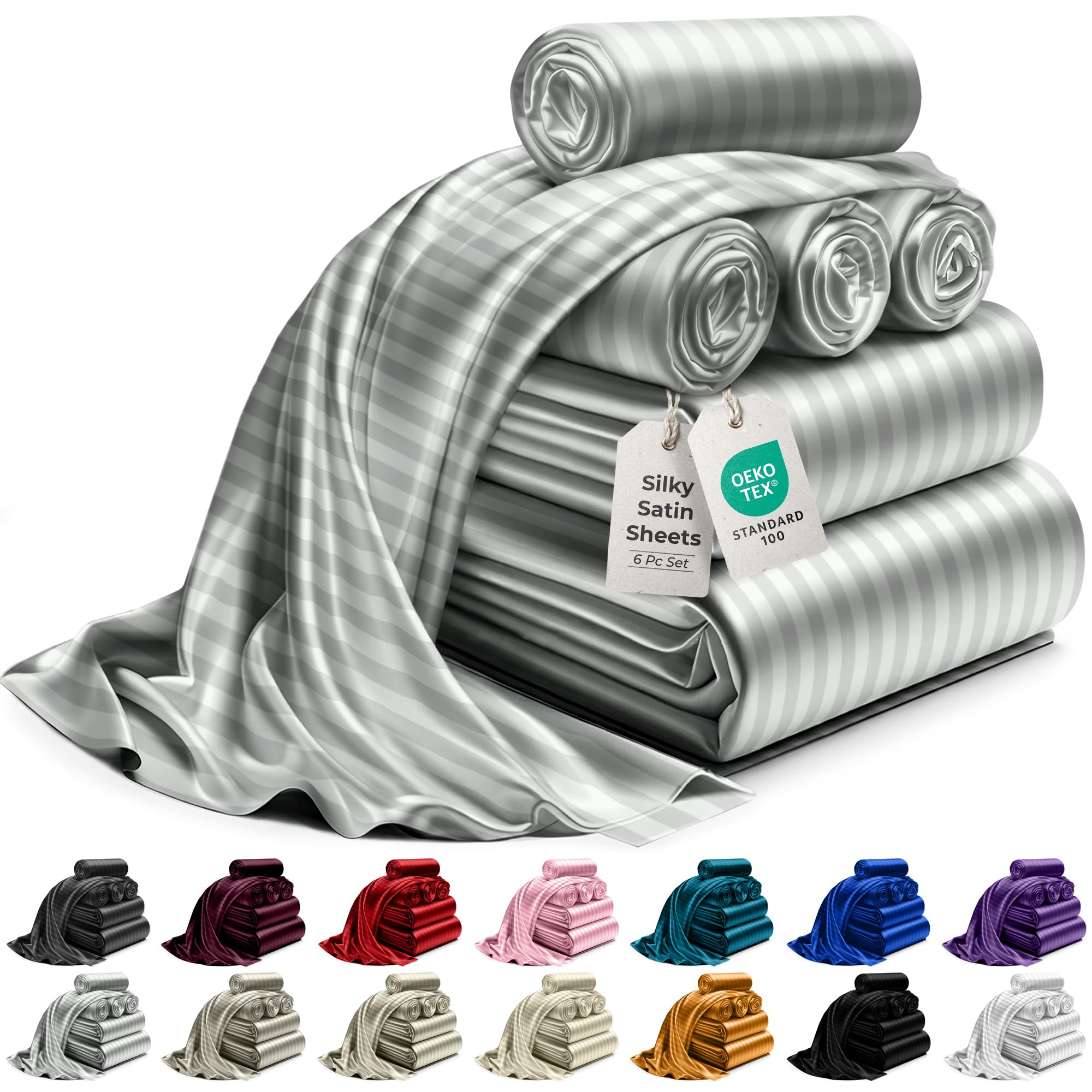 DECOLURE King Satin Bed Linen Set - 6pc Striped Grey Silky Soft Satin Sheets with Deep Pocket - Hypoallergenic Wrinkle-Free