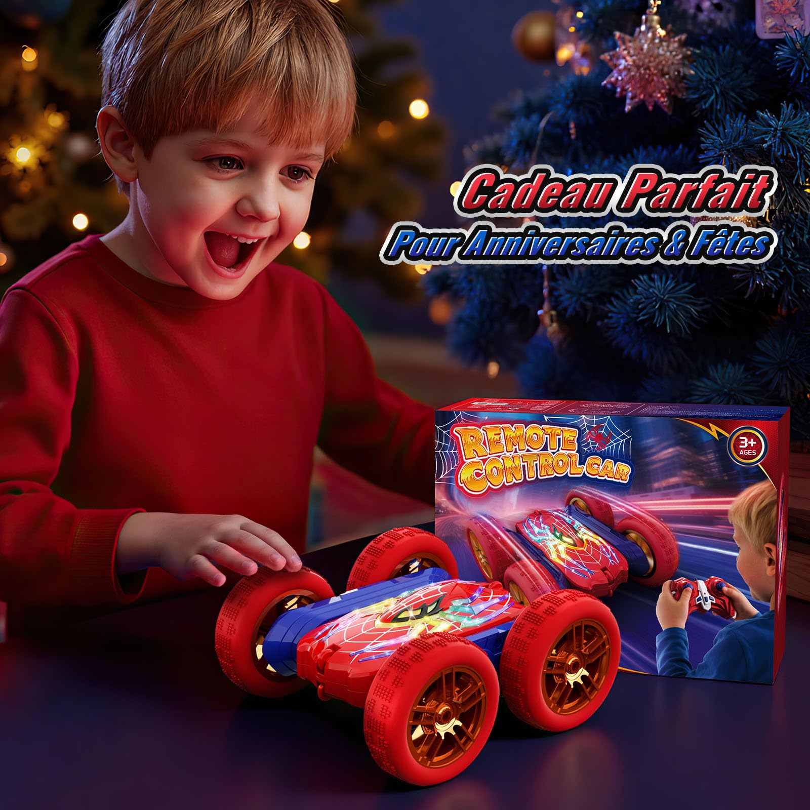 Voiture Telecommandé Enfant, 2.4Ghz 4WD 360° Rotation RC Stunt Monster Truck, 5 Modes Lumineux, Jouet Garçon 3-12 Ans, Cadeau Anniversaire Noel Jeux Intérieur Extérieur 4 5 6 7 8 9 10 11 12 Ans