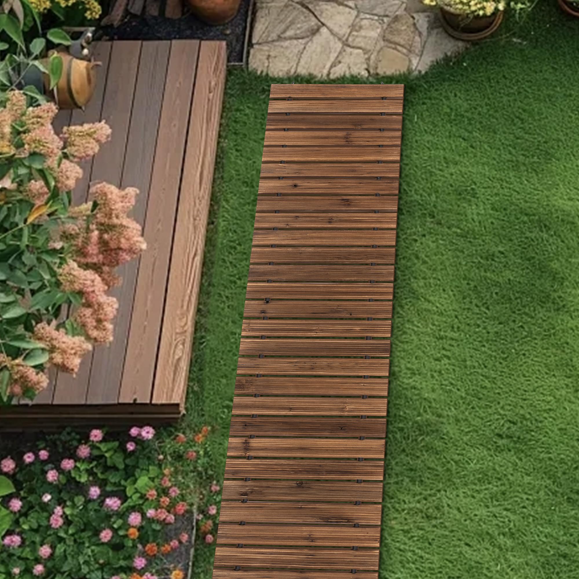 COSIEST Camino de jardín de madera de 12 pies, pasarela recta antideslizante para decoración al aire libre, camino de suelo resistente a la intemperie, camino plegable instantáneo para patio y terraza