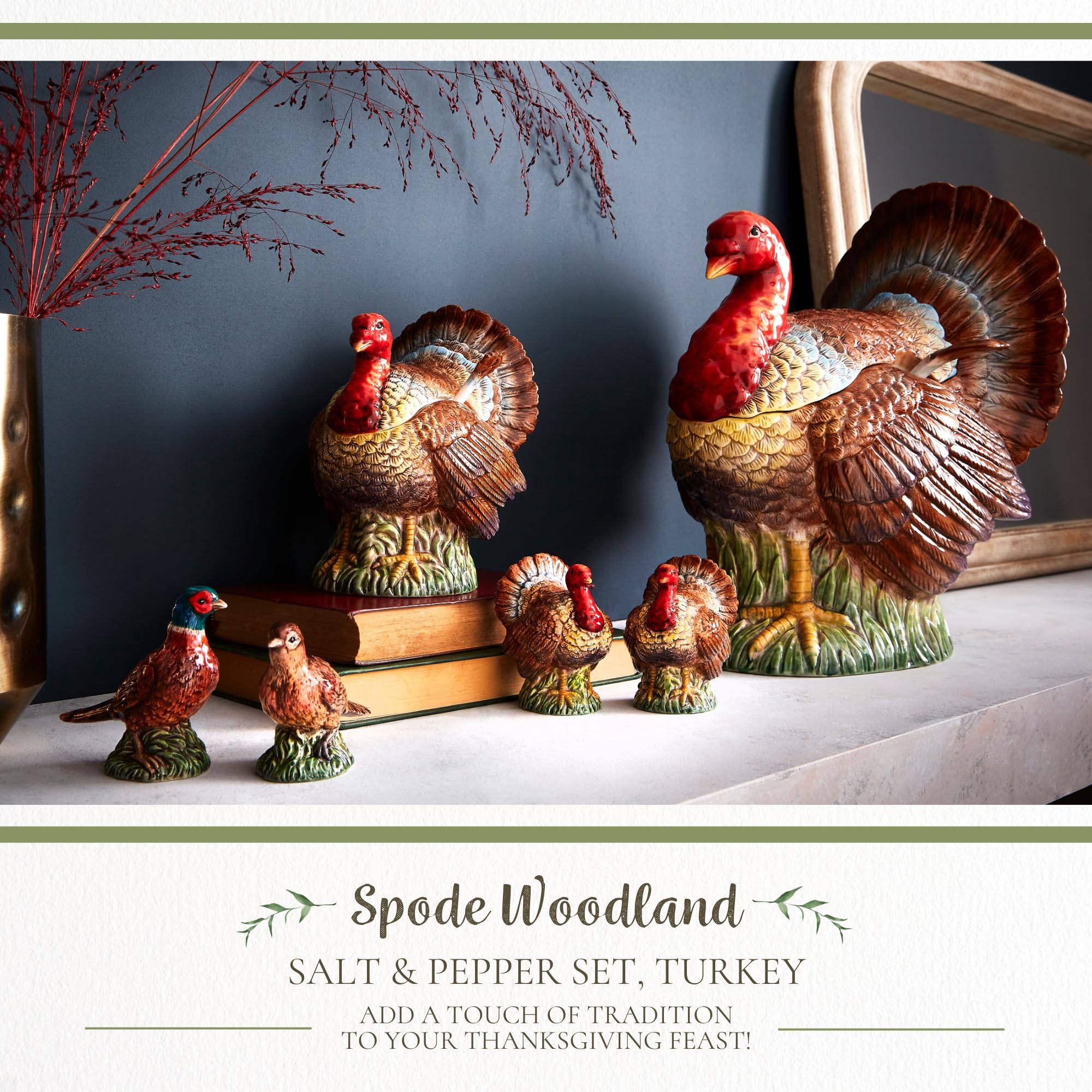 Spode Salero y pimentero en forma de pavo de 3.5 pulgadas, decoración de granja de cerámica dolomita para comedor formal, juego decorativo de sal y pimentero con tapones inferiores de fácil recarga,