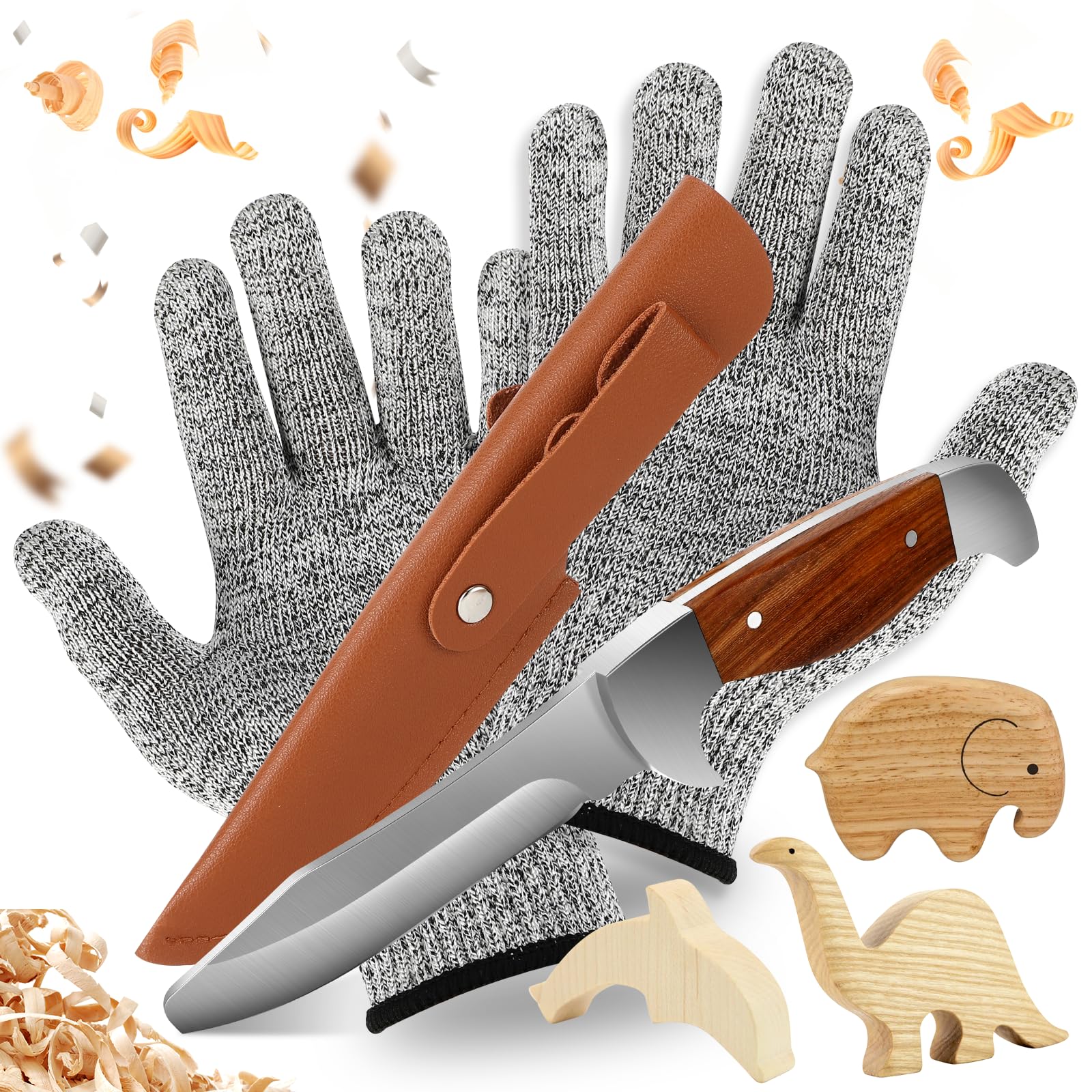 Zikenis Schnitzmesser Kinder ab 6 Jahre, Taschenmesser Kinder mit Messerscheide und Schnittfeste Handschuhe, Kindermesser, Kindermesser Schnitzset Schnitzwerkzeug Outdoor Messer