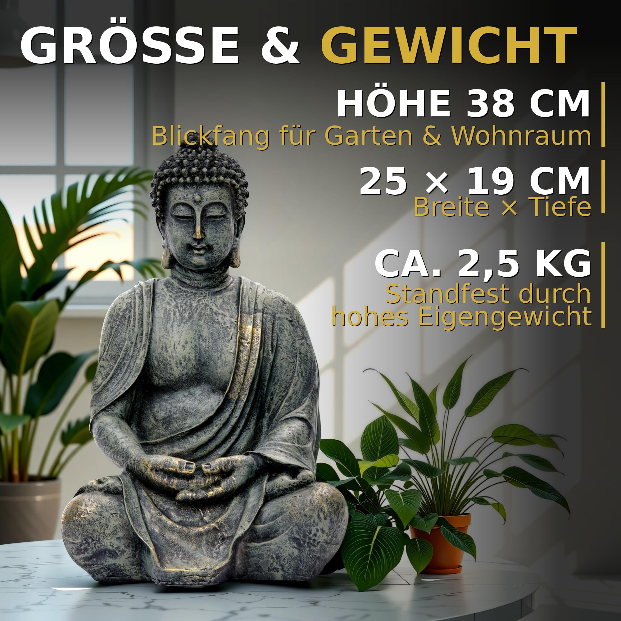 Buddha Figur Garten Gross 38cm - Sitzende Buddha Statue Wetterfest & Frostsicher aus Polyresin - Gartenfigur Fuer Innen & Aussen - Deko Terrasse Balkon Feng Shui Skulptur