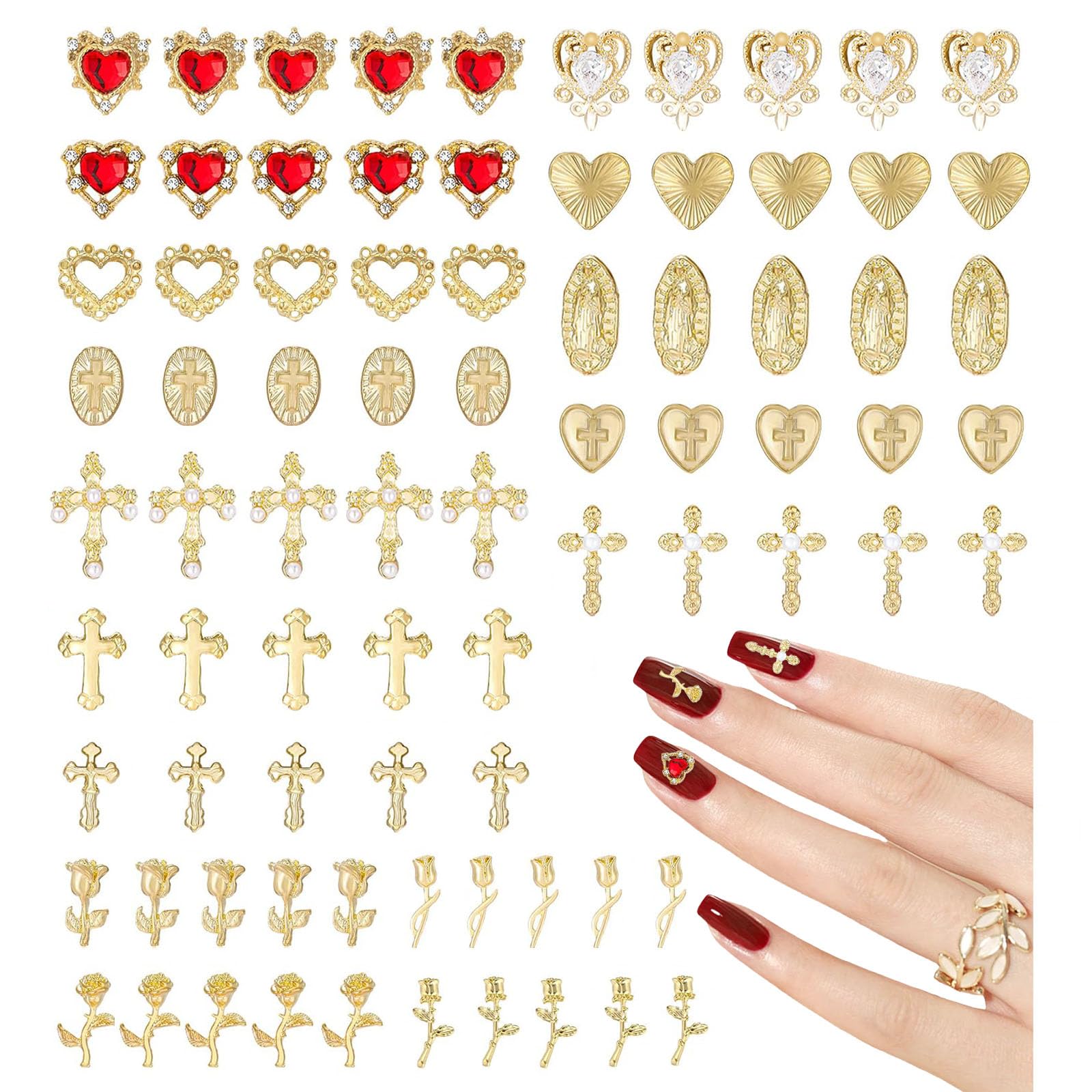 Gold Nail Charms,80Pcs Cross, Rose, Heart