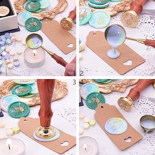 Miniatura 6 de SWANGSA Juego de sellos de cera, vintage, 4 piezas de hojas de eucalipto, manzanilla, árbol de la vida, cabezas de sellado botánico + 1 kit de