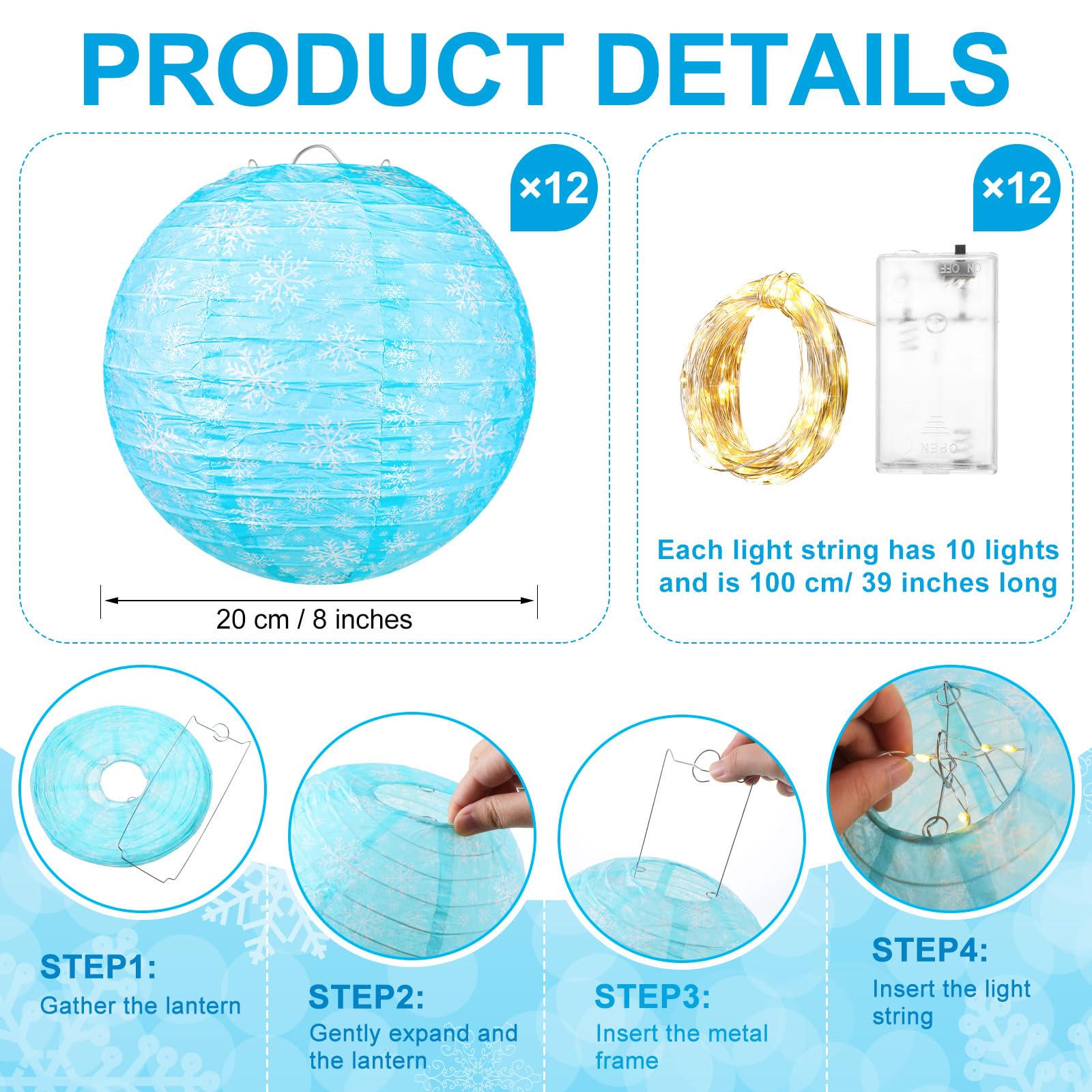 Riakrum 12 Sets Winter Snowflake Hanging Paper Lanterns Decoration LED Battery Powered Blue Wonderland Snowflake Round Hanging Lanterns for Winter Xmas Party Birthday Party Supplies