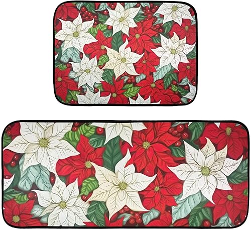 KFBE Juego de 2 tapetes de cocina de flor de pascua de Navidad, antideslizantes, para el suelo, alfombra impermeable para el hogar, oficina,