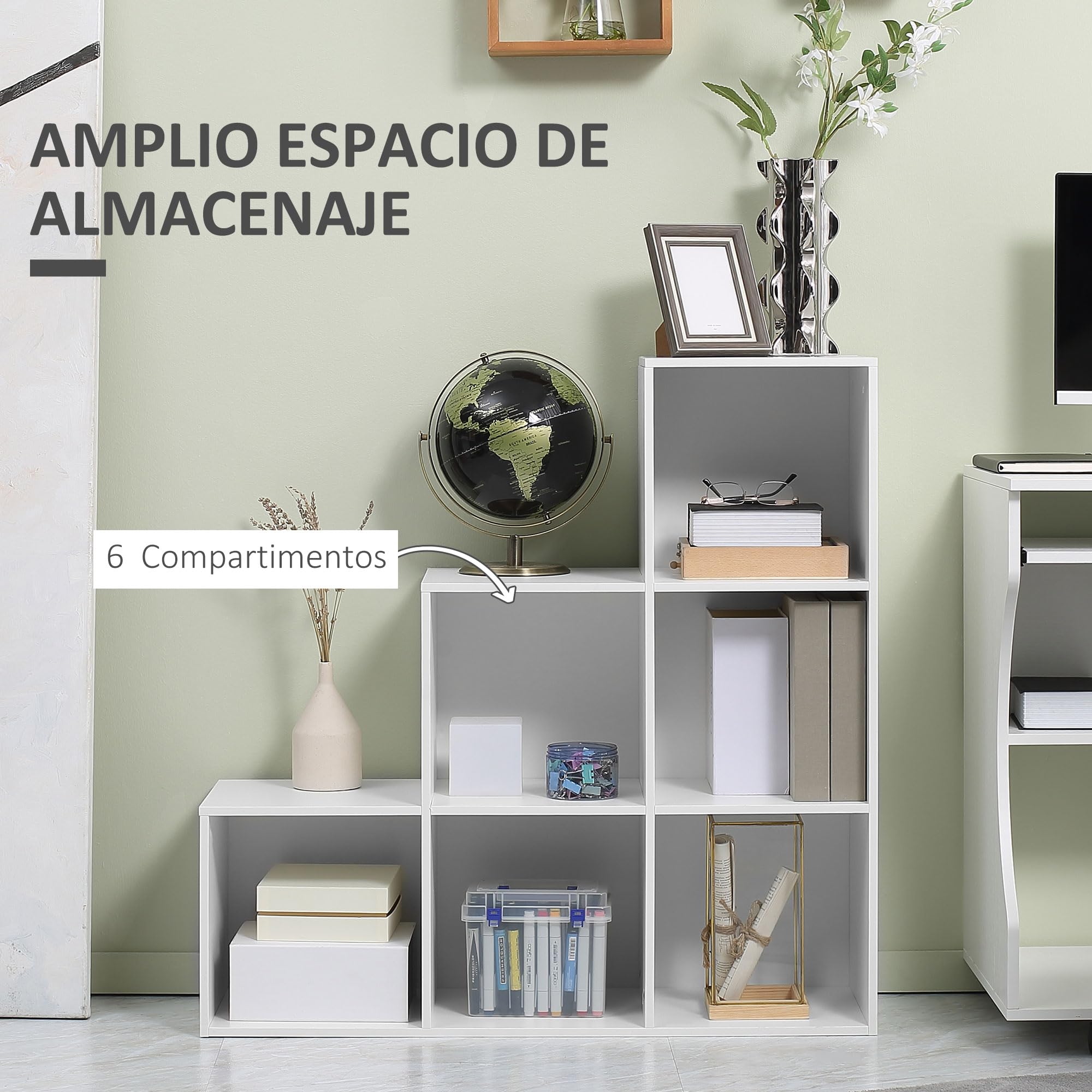 HOMCOM Estantería en Forma de Escalera Armario de Almacenamiento 6 Cubos Estantería de Pie Estante de Exposición 91.5x29.5x91.5cm Madera