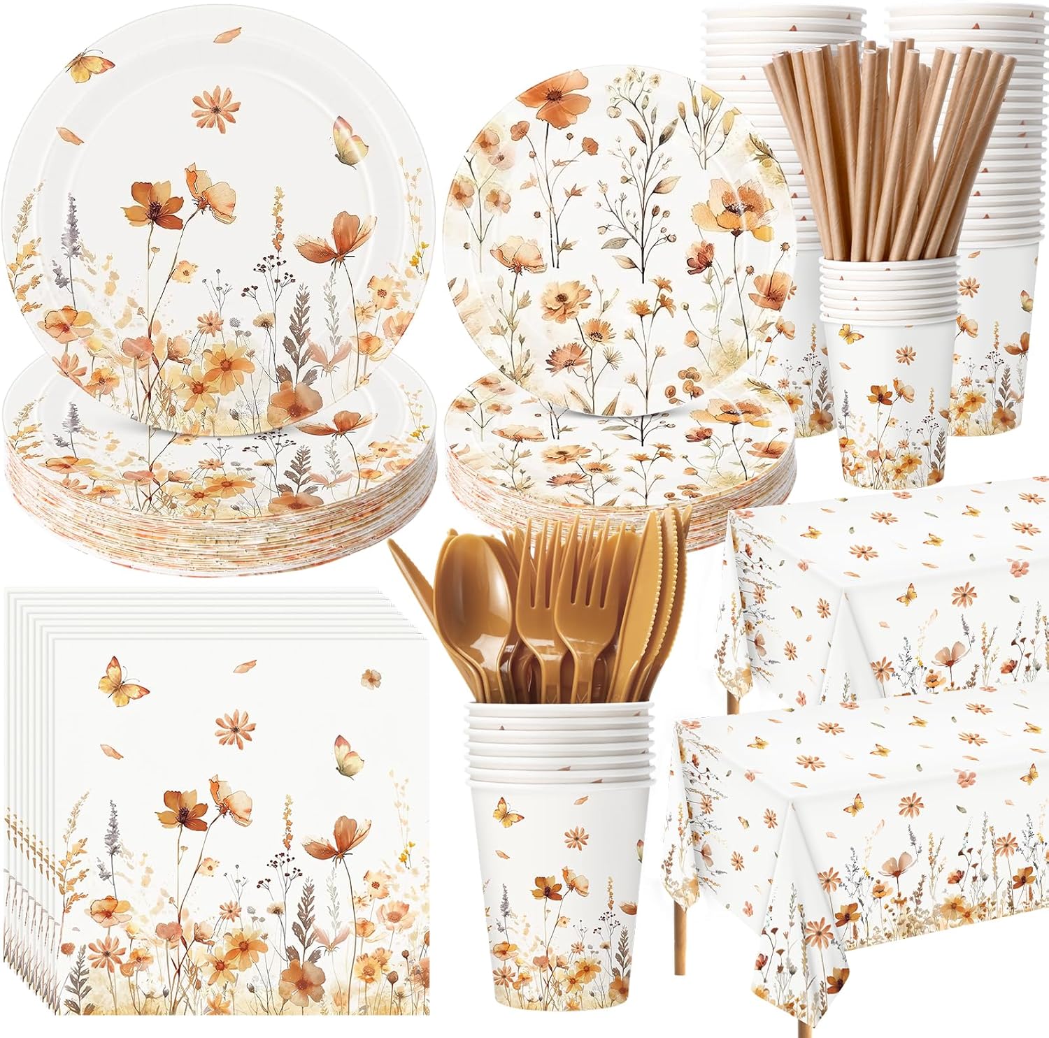 452 Pcs Fall Floral Party Supplies for 50, Orange Wildflower Fall Paper Plates Napkins Cups Tablecloth Cutlery Straws for Thanksgiving Autumn Birthday Wedding Baby Shower Party Decorations Earthy Orange Wildflower