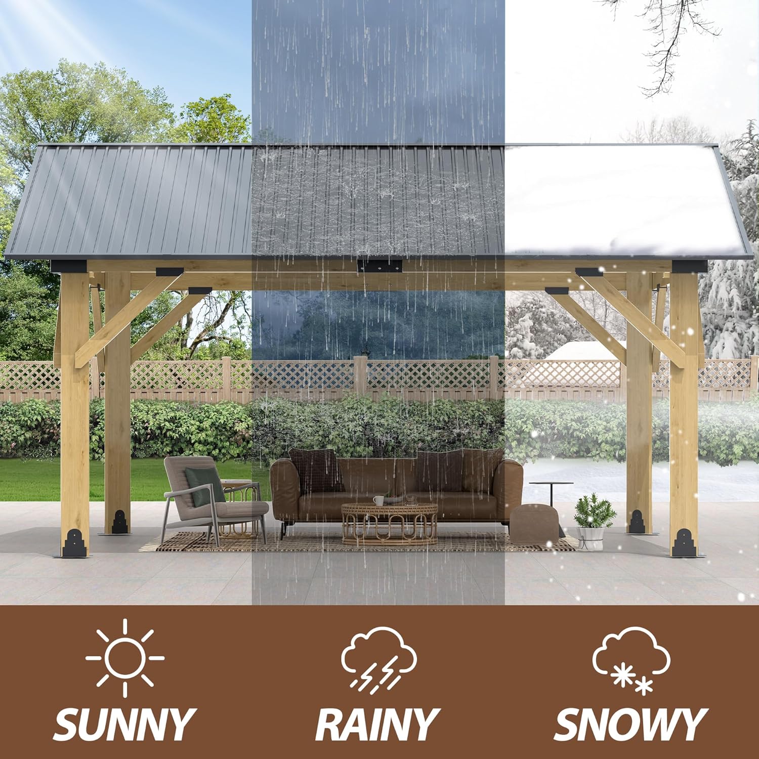 Gazebo shown in sunny, rainy, and snowy conditions, highlighting its all-weather durability.