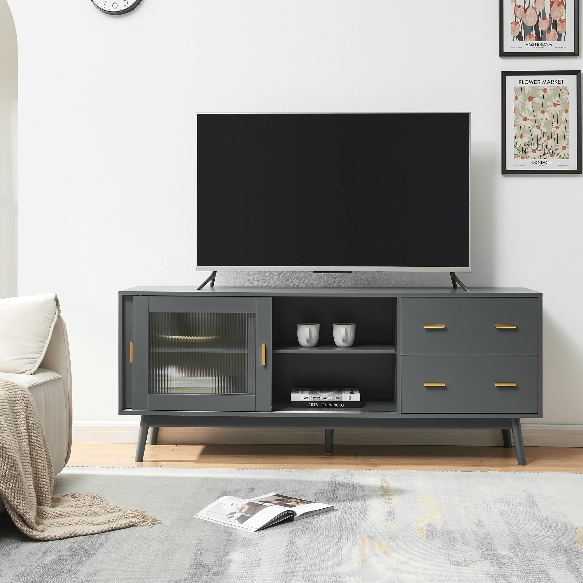 [en.casa] Mueble de TV Susa con 2 Puertas Corredoras de Vidrio y 2 Cajones Mesa de TV Mueble de Salón con Tablero Rectangular MDF Patas de Pino 160 x 40 x 65 cm - Gris
