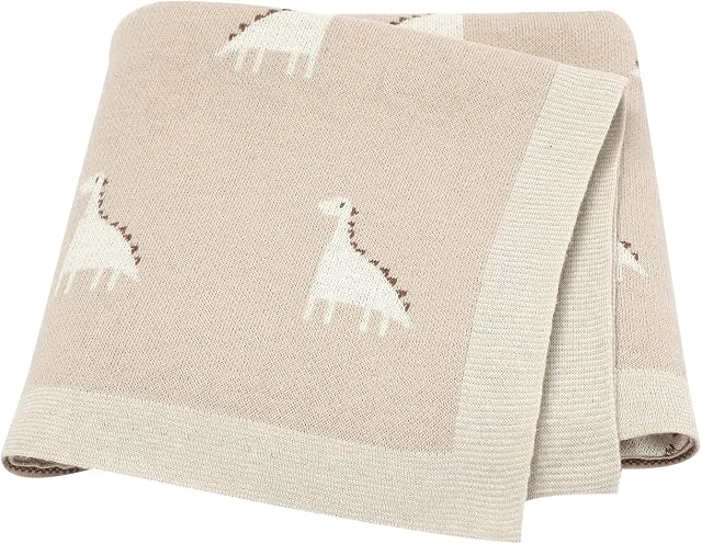 LAWKUL Baby Blanket 100% Cotton Knit Soft Breathable Blankets for Newborn Boy Girl, Dinosaur Beige, Pram/Mose Basket(90x70cm)