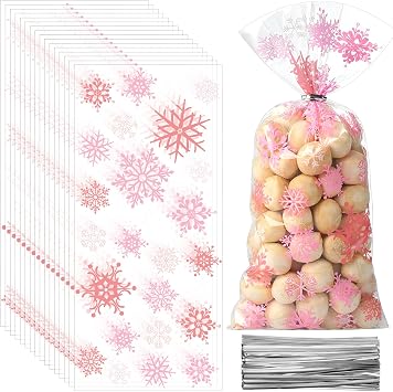 Clabby 100 Pcs Christmas Cellophane Treat Bags Red Green Snowflake Cello Plastic Candy Goodie Bags with Twist Ties for Winter Holiday Xmas Party Favor SuppliesPink