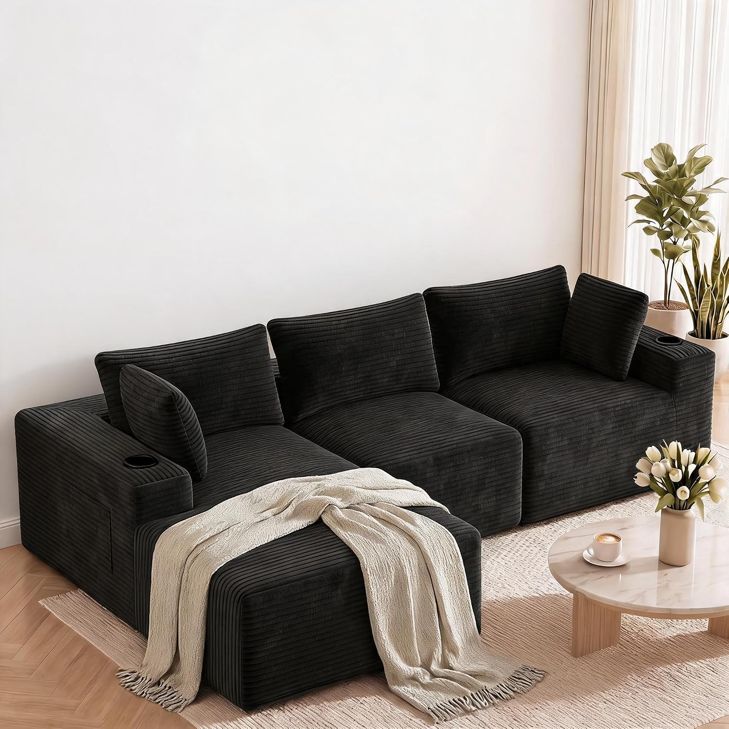 HAUSPROFI Sofá esquinero con función de Dormir, Modular en Forma de L con Funda de Pana – 3 plazas con Recamiere, se Puede Utilizar como sofá Cama de 2 plazas, Embalaje al vacío