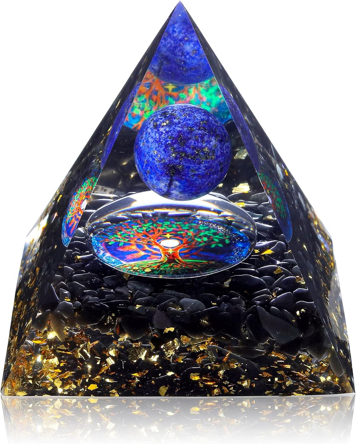 GEHECRST Lapis Lazuli Healing Crystal Sphere Orgone Pyramid with Reiki Obsidian Chip Stones and Tree of Life Symbol Orgonite Pyramid for Protection, Energy Generator, Meditation, Decoration : Home & Kitchen