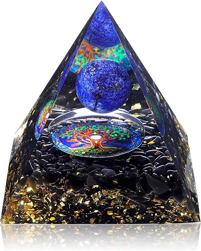 Miniatura 1 de GEHECRST Pirámide de orgón de esfera de cristal curativo de lapislázuli con piedras de obsidiana Reiki y símbolo de loto de cobre, pirámide de