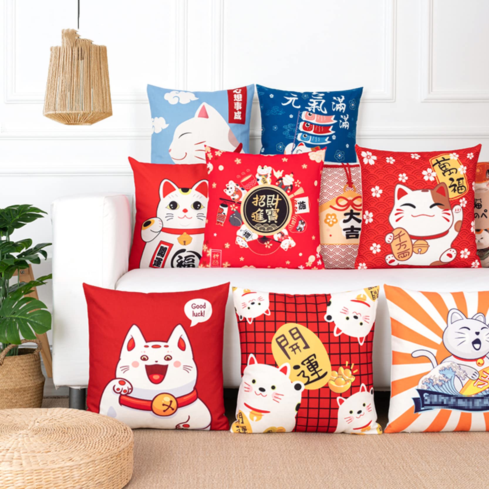 Housses De Coussin 60x60 Cm – Motif Chat Samouraï & Ramen – 2 Pièces Réversibles & Douces – Déco Japonaise Canapé Ou Lit