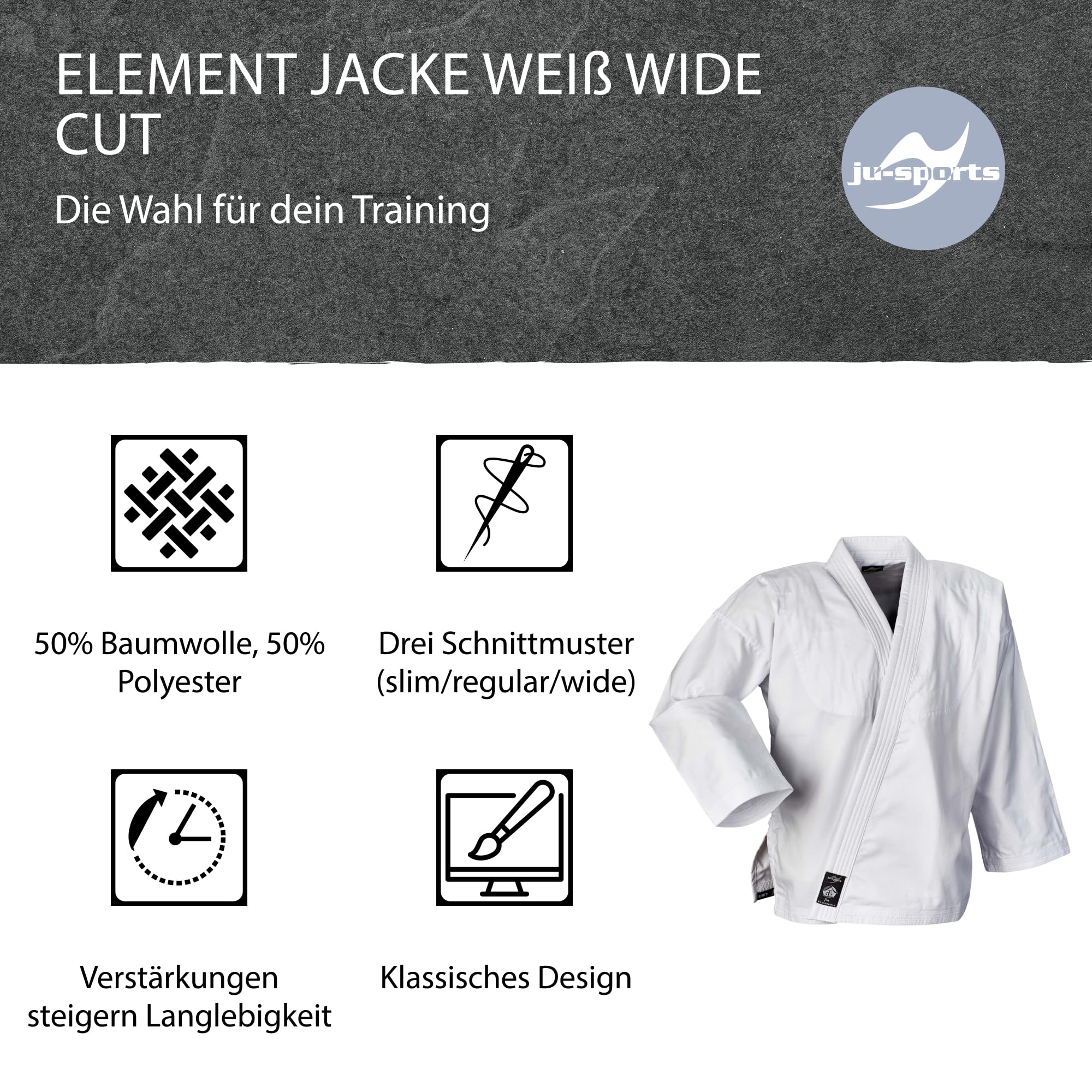 Ju-Sports Element Jacke Weiß wide cut I Judoanzug Jacke Kinder & für Erwachsene I Judogi Jacke aus langlebigem Mischgewebe I Doppelt verstärkter Schulter- & Brustbereich