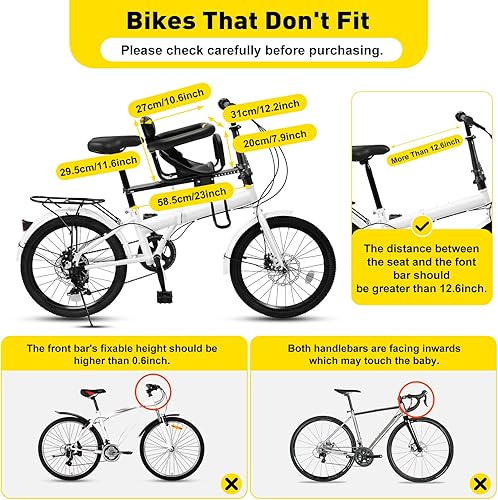 Miniatura 2 de Asiento de bicicleta infantil montado en la parte delantera, asiento acolchado negro grueso con pedales de piepasamanos, asiento delantero universal