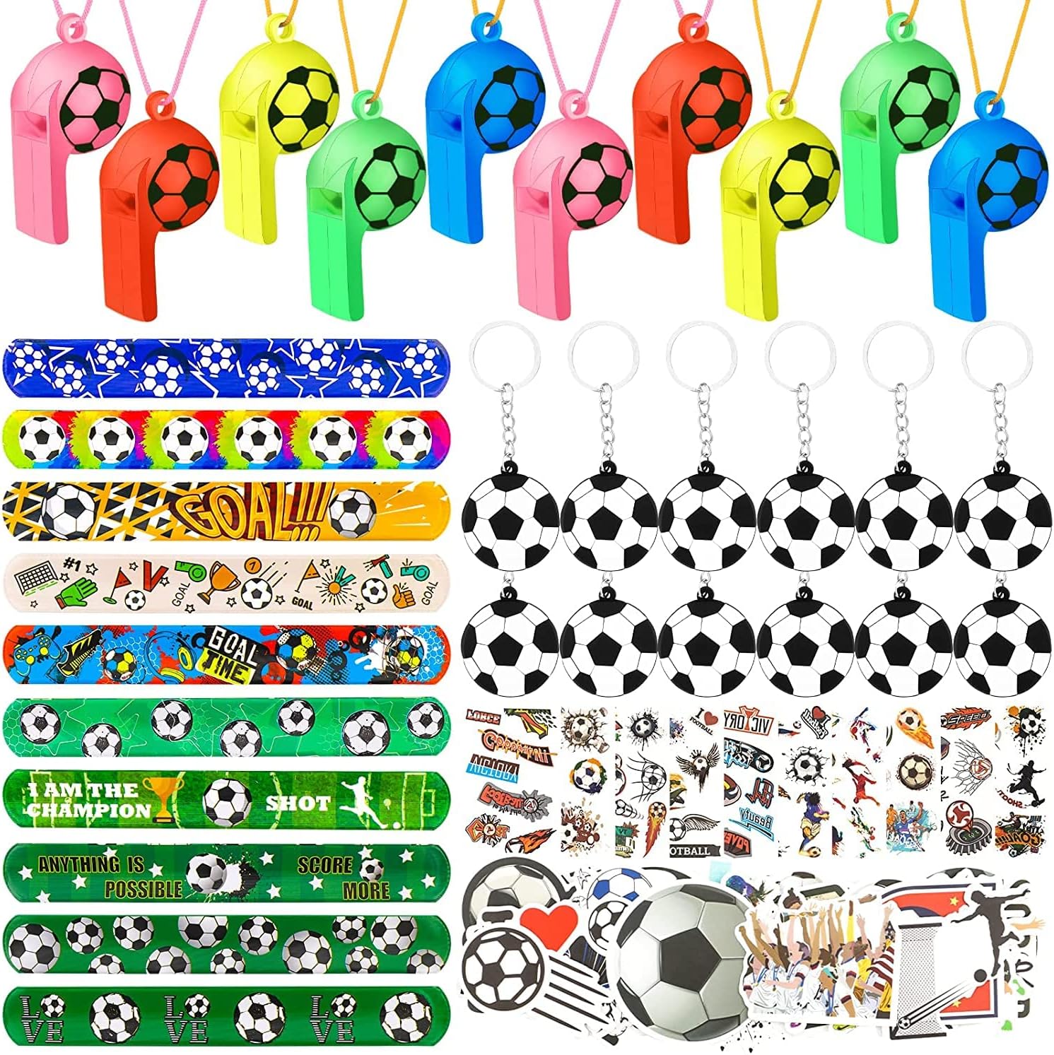 REMEL Soccer Party Favors Set 96Pcs Soccer Slap Bracelet Keychain Soccer Tattoos Soccer Toy Whistle Sports Party Favors for Kids Boys