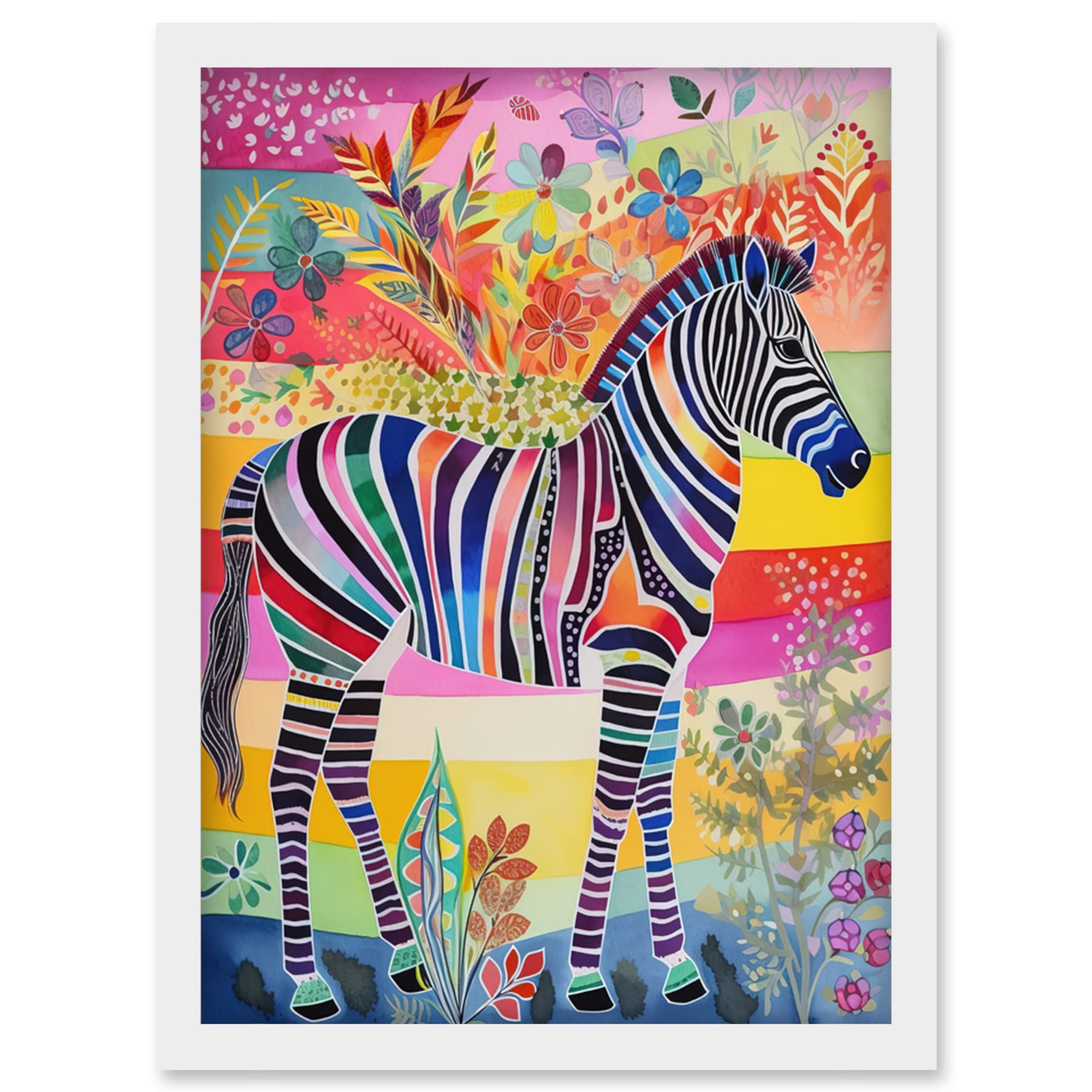 Artery8 Zebra Rainbow Floral Abstract Folk Art Artwork Framed Wall Art Print A4