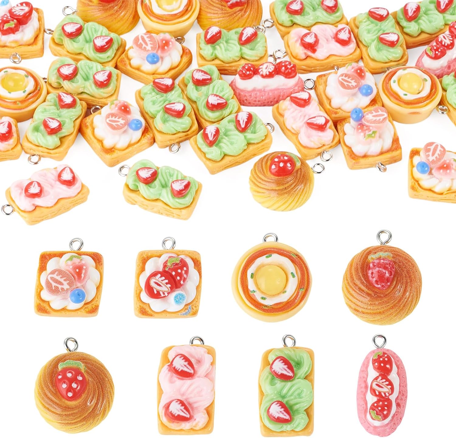 Resin Food Charms Bulk Sweet Dessert Cake Bread Food Cute Imitation Food Charms Pendants for Jewelry Making Kandi Dangle Pendants Hanging Ornament for Key Chains Bracelet Necklace