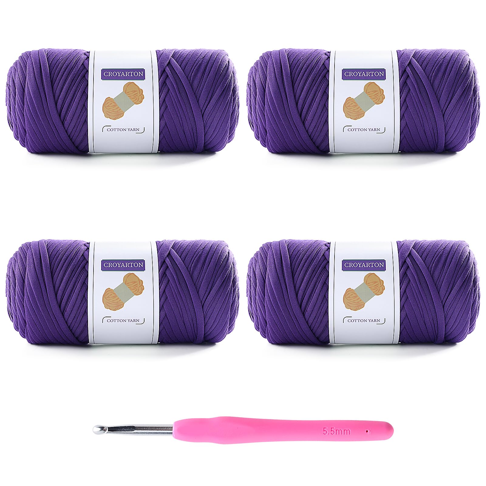 4 Pack Tshirt Yarn for Crocheting, Elastic T Shirt Spaghetti Thick Knitting Yarn Total Length 260 Yds for Crochet Bag Baskets Home Decor with 1 Crochet Hook (4-Purple)