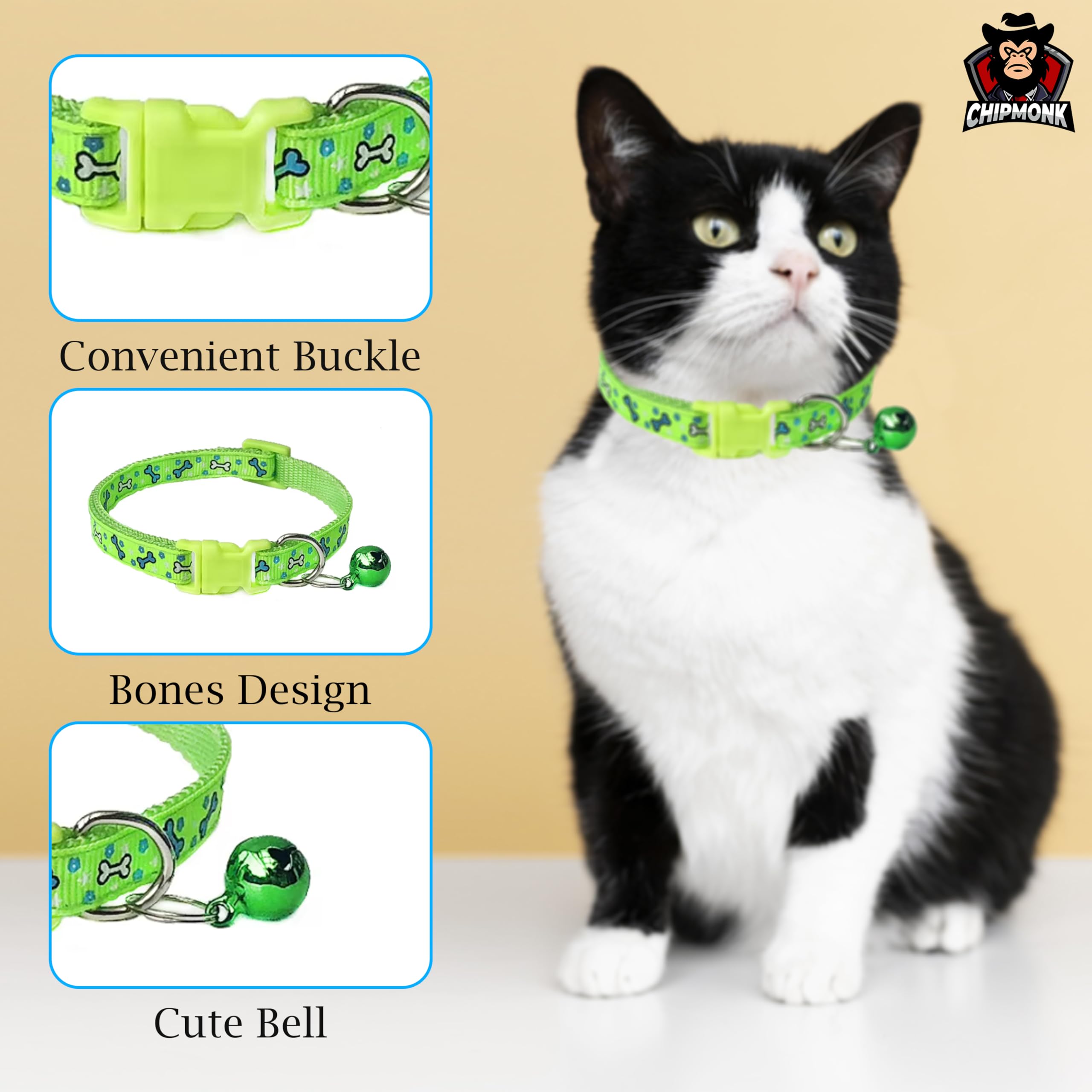 Chipmonk Cat & Puppy Collar with Bell,Kitten & Small Dogs Soft Adjustable,Safe,Solid & Protective Breakaway for Cats & Puppies,Cute Kitty Neckband with Bones Print-(Green) 1