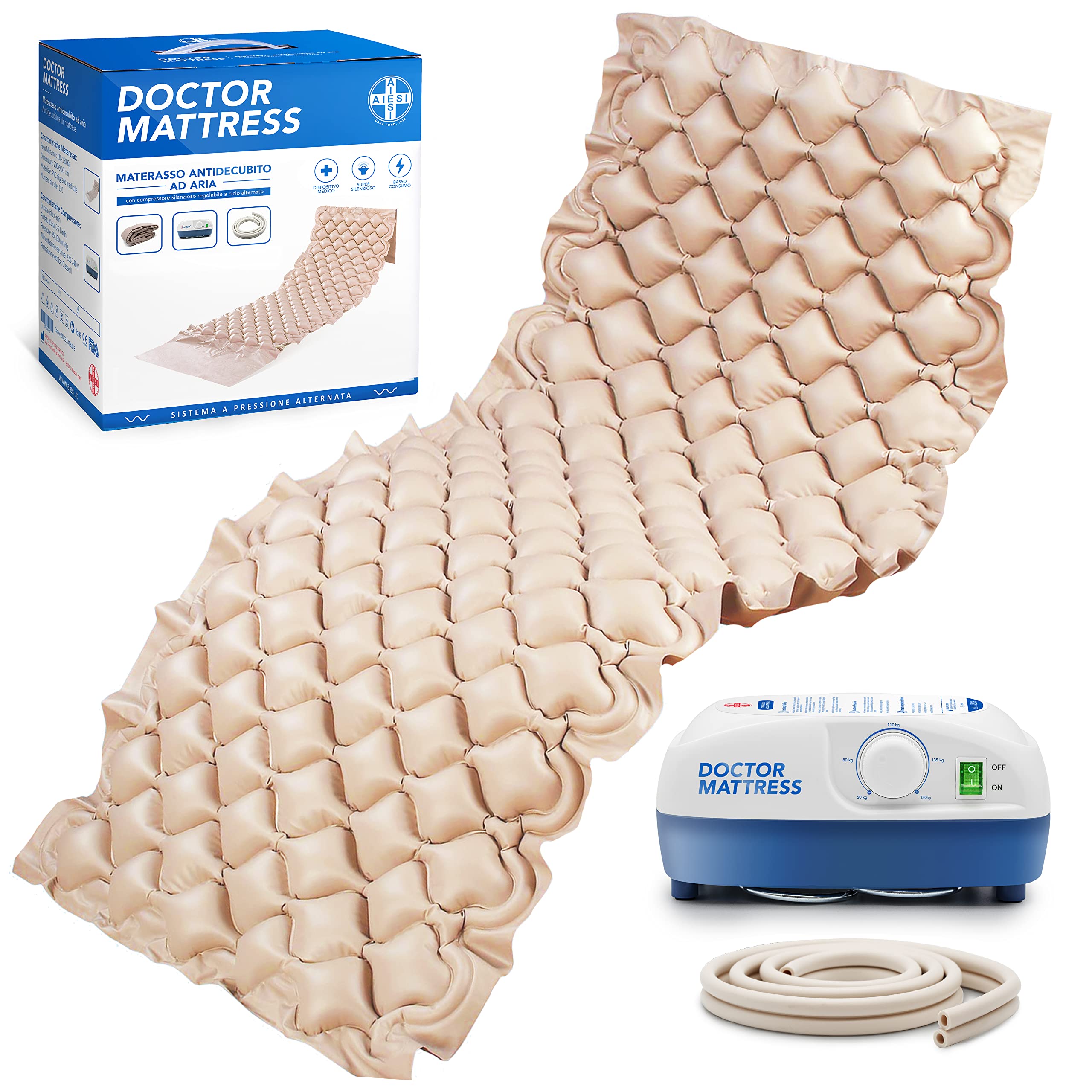 AIESI® Matelas Anti escarres a air avec compresseur réglable à Cycle alterné Doctor Mattress, 130 cellules, Capacité 150 kg, Super Silencieux, Kit de réparation, Garantie 24 Mois