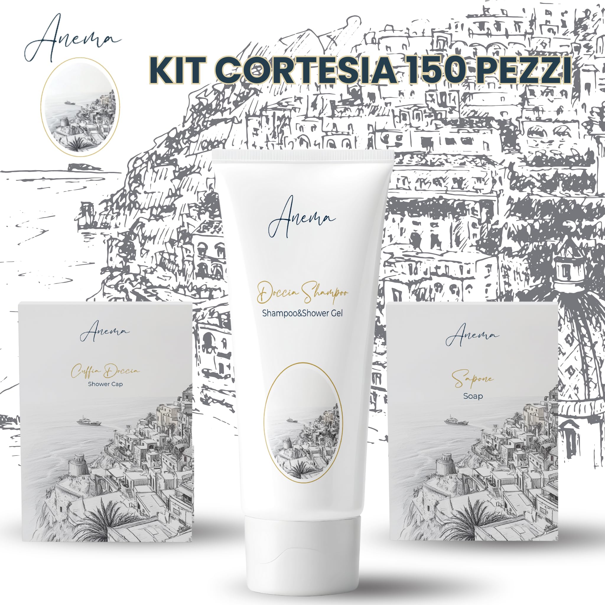 Kit Cortesia B&B Hotel Albergo Bagno Monouso 150 pezzi 100x Doccia Shampoo 30ml, 25x Sapone Tondo 15g in Astuccio, 25x Cuffie Doccia in Astuccio