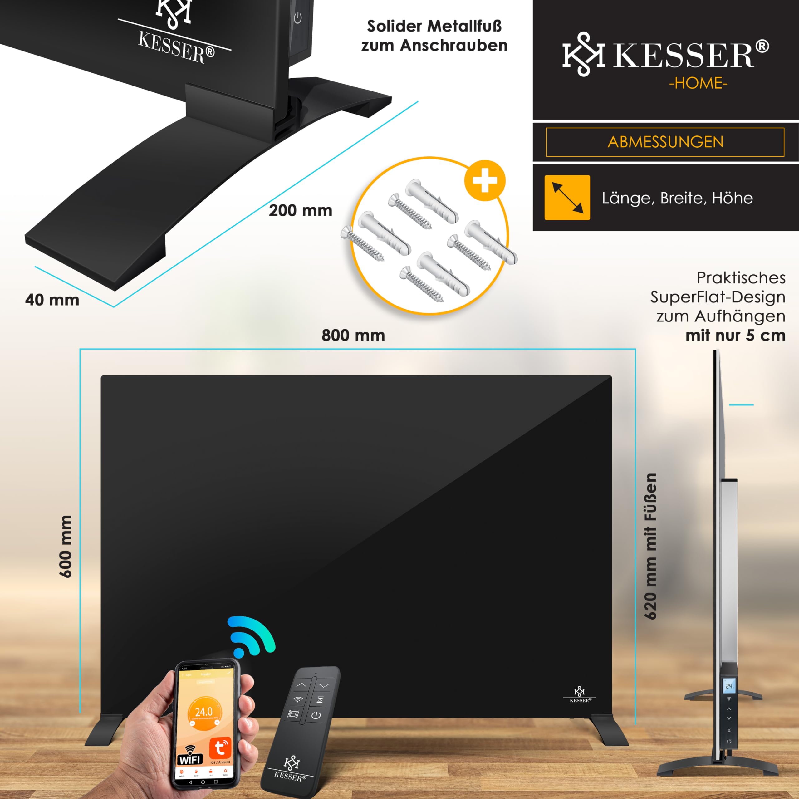 KESSER® Riscaldamento a Infrarossi 500W, Convettore in Vetro, 2 in 1 e Montaggio a Parete, Riscaldamento elettrico con rilevazione, Finestra Aperta + Telecomando e Controllo App, Nero