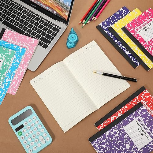 Miniatura 7 de Fainne Paquete de 100 cuadernos de composición A5 a granel con rayas anchas, cuadernos de composición con rayas universitarias, cubiertas de mármol,