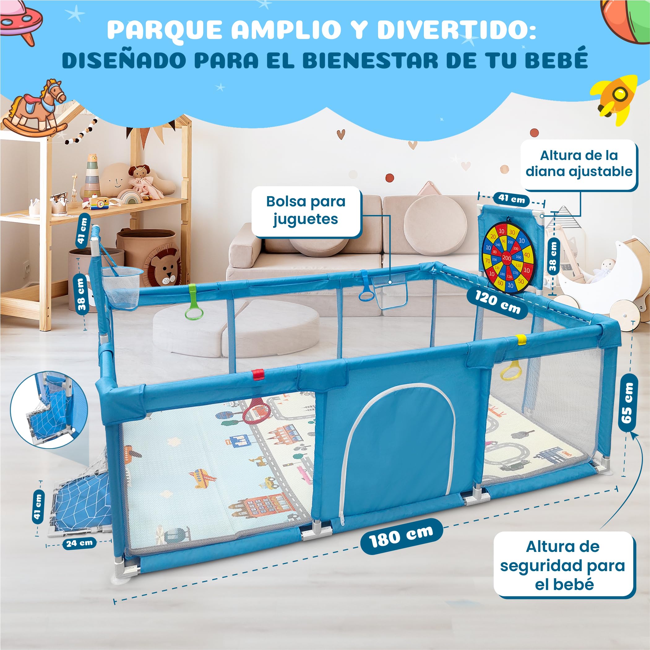 BabyJoy Parque Infantil Bebe 120x180cm - Corralito Bebe Acolchado y Equipado con Diana de Velcro, Canasta, Portería y más accesorios. Parque para Bebes Seguro, Amplio y Divertido