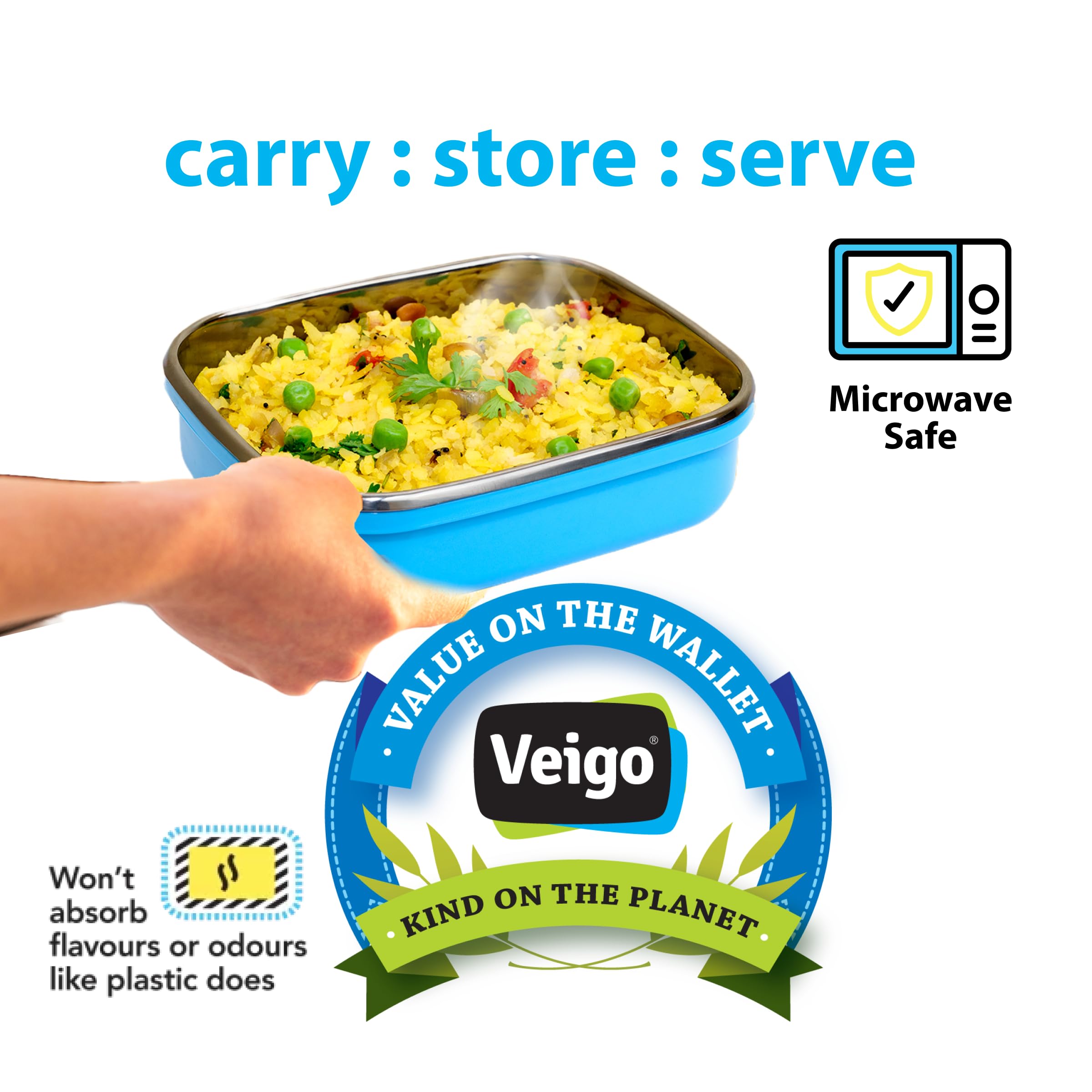 Veigo Stainless Steel Lunch Box, Rectangle Blue Container, Insulated & Leakage-Proof Tiffin (630ml), Microwave Safe, Ideal for Office & Kids 1