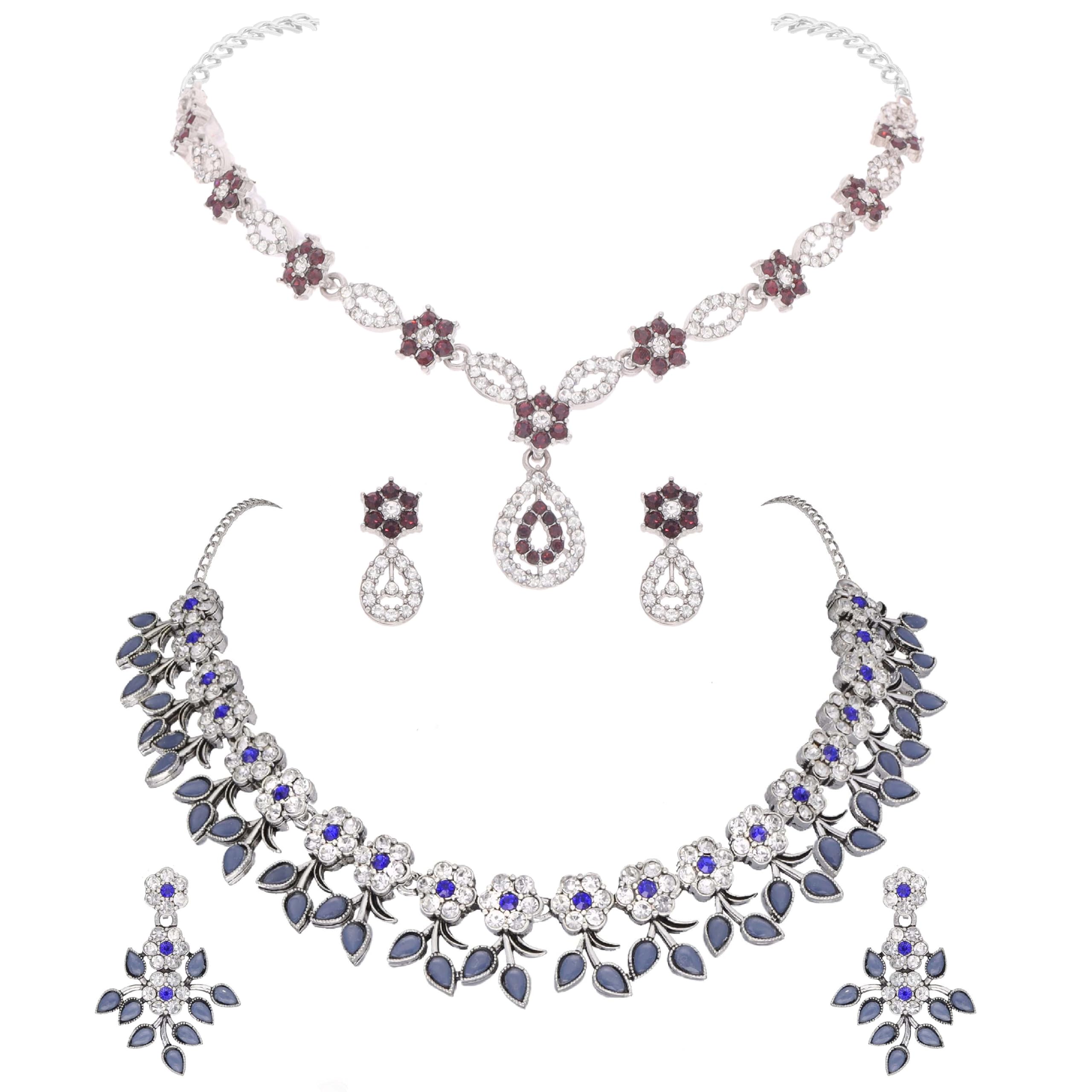Brado Jewellery Rhodium Plated Silver Tone Crystal AD Stone Studded Choker Necklace Jewellery Combo set with Matching Pair of Earring for Women and Girls (Blue & Maroon) (B0D8FXM4KY) Amazon Price History, Amazon Price Tracker