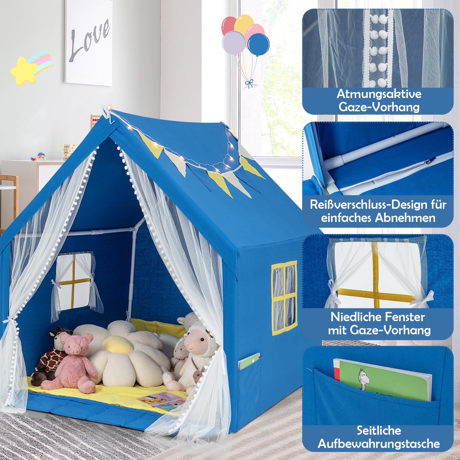 DREAMADE Kinderzelt für Drinnen mit Matte und Lichtern und Flaggenbanner, Kinder Spielhaus Indoor mit Vorhang & Fenstern, Tipi Zelt, Spielzelt für Jungen und Mädchen 121 x 105 x 125 cm (Blau)