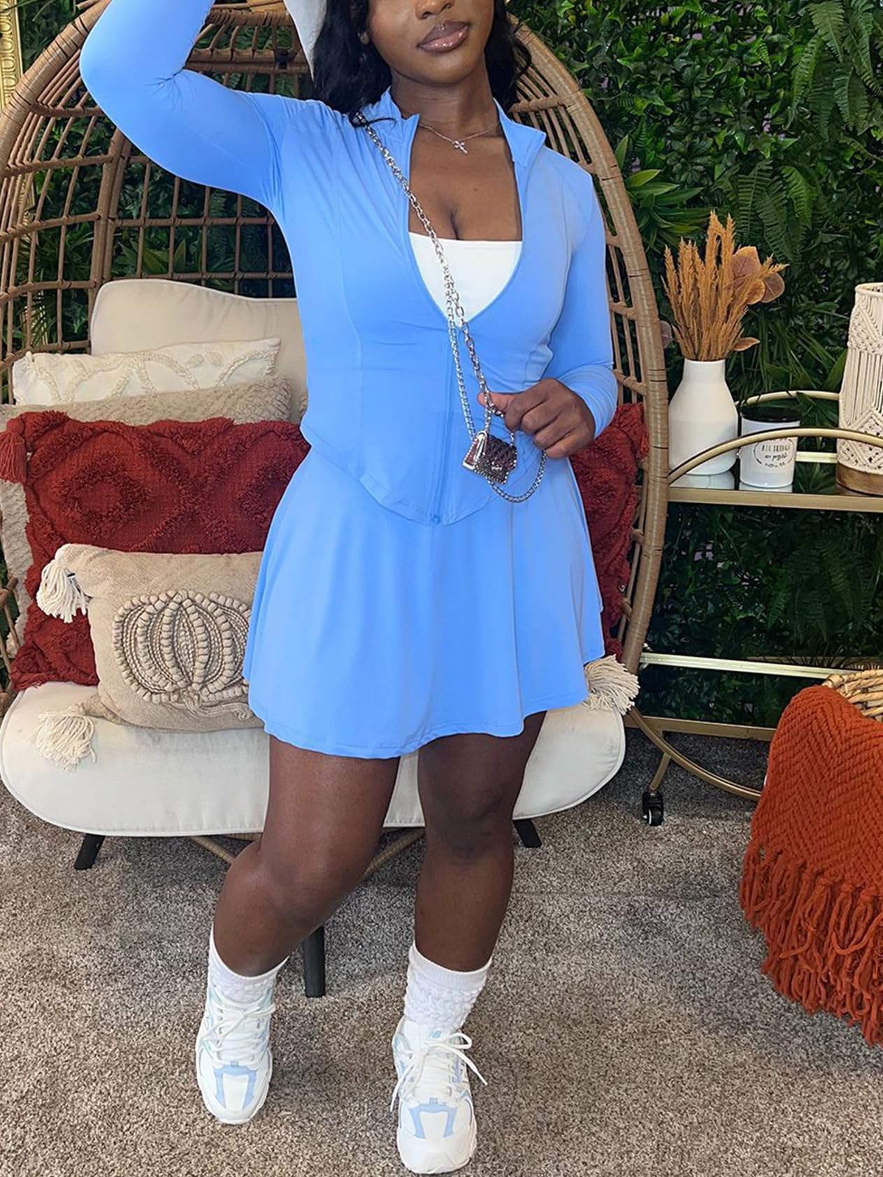 Ensemble de jupes de tennis 2 pièces pour femme – Tenue à manches longues et fermeture éclair – Jupes de golf – Jupes de golf – Sports athlétiques