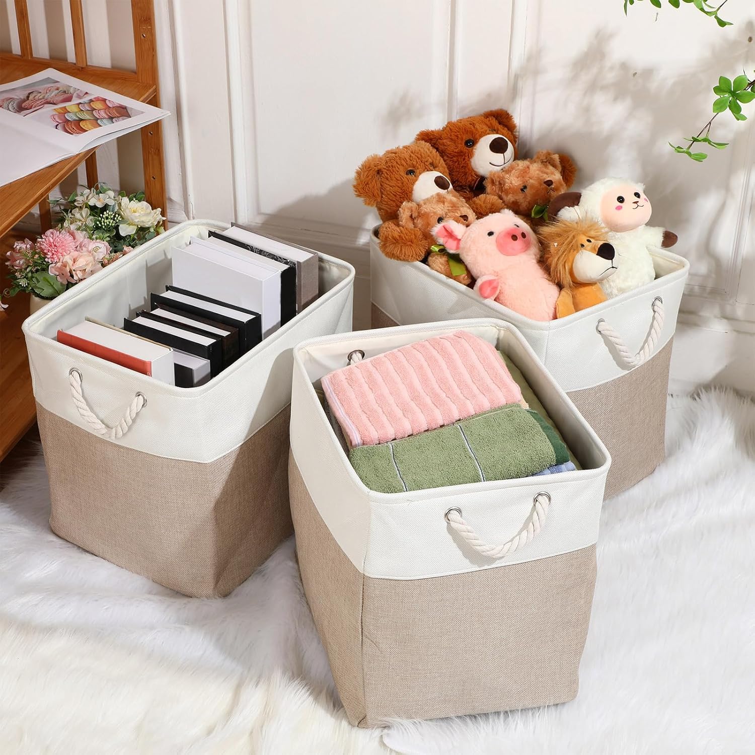 meekoo 8 Pack Collapsible Storage Bins Fabric Storage Bins Polyester Fabric Baskets with Handles Linen Closet Organizer for Shelf Home Closet Towels Toys(12 x 12 x 12 in,Beige) - Image 6