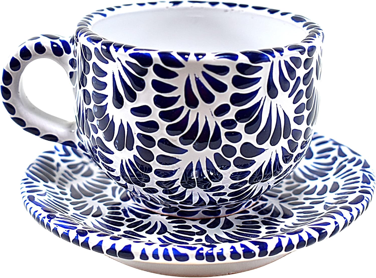 MAREY Coffee Plate & Cup Set Made of Ceramic by Talavera Poblana | 100% Handmade | Traditional Talavera Ceramic (Plumeado Azul, Coffee (320 ml.))