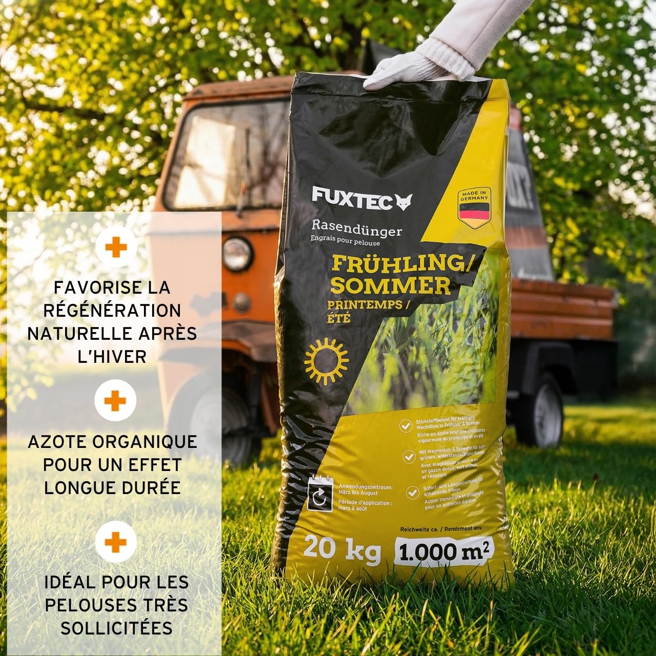 FUXTEC Engrais gazon printemps été FX-RDFS20 – 20 kg rendement 1000m2 fertilisant pelouse NPK 12+3+5 organo-minéral – azote à libération progressive – magnésium et soufre – granulés fins